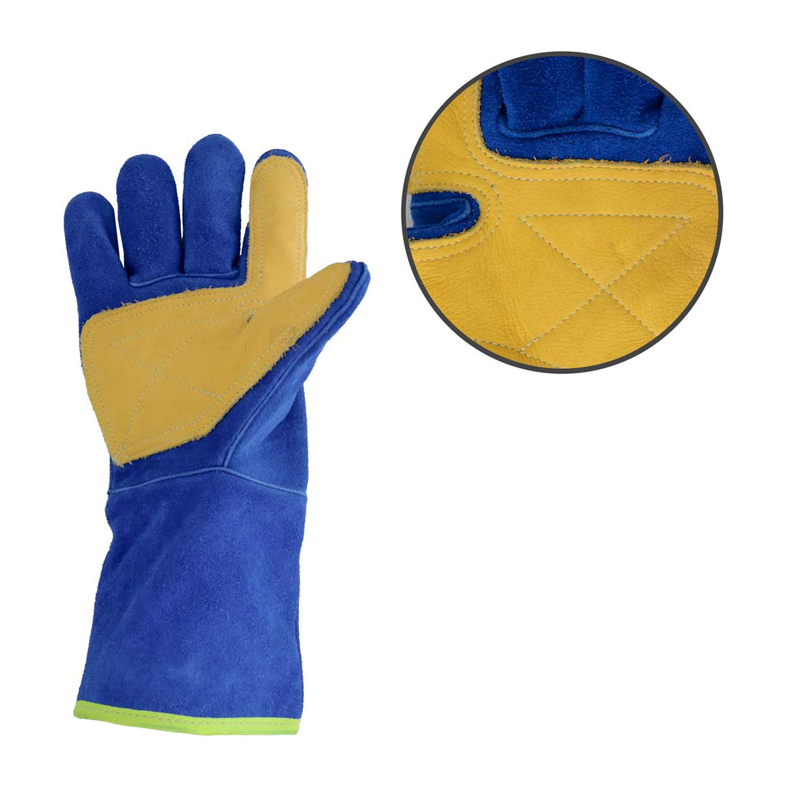 GUANTE SOLDADOR DE CARNAZA AZUL C/REFUERZO DE PIEL EN PALMA Y PULGAR USO INDUSTRIAL 13" - Imagen 2