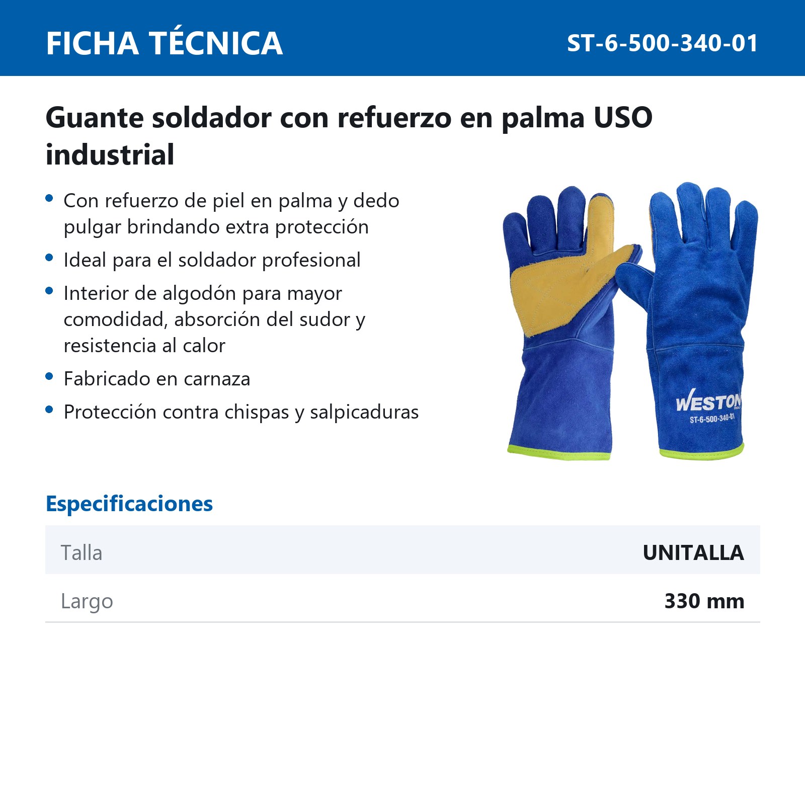 GUANTE SOLDADOR DE CARNAZA AZUL C/REFUERZO DE PIEL EN PALMA Y PULGAR USO INDUSTRIAL 13" - Imagen 4