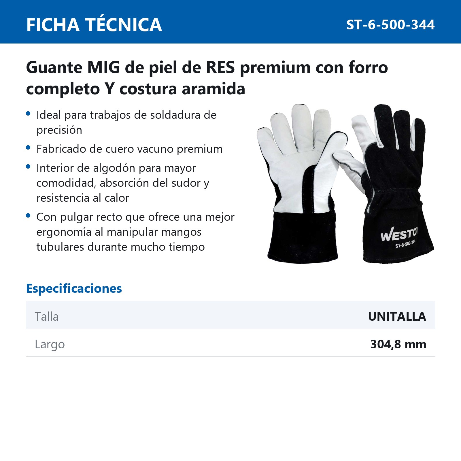 GUANTE PARA MIG DE PIEL DE RES PREMIUM CON FORRO COMPLETO 12" - Imagen 4