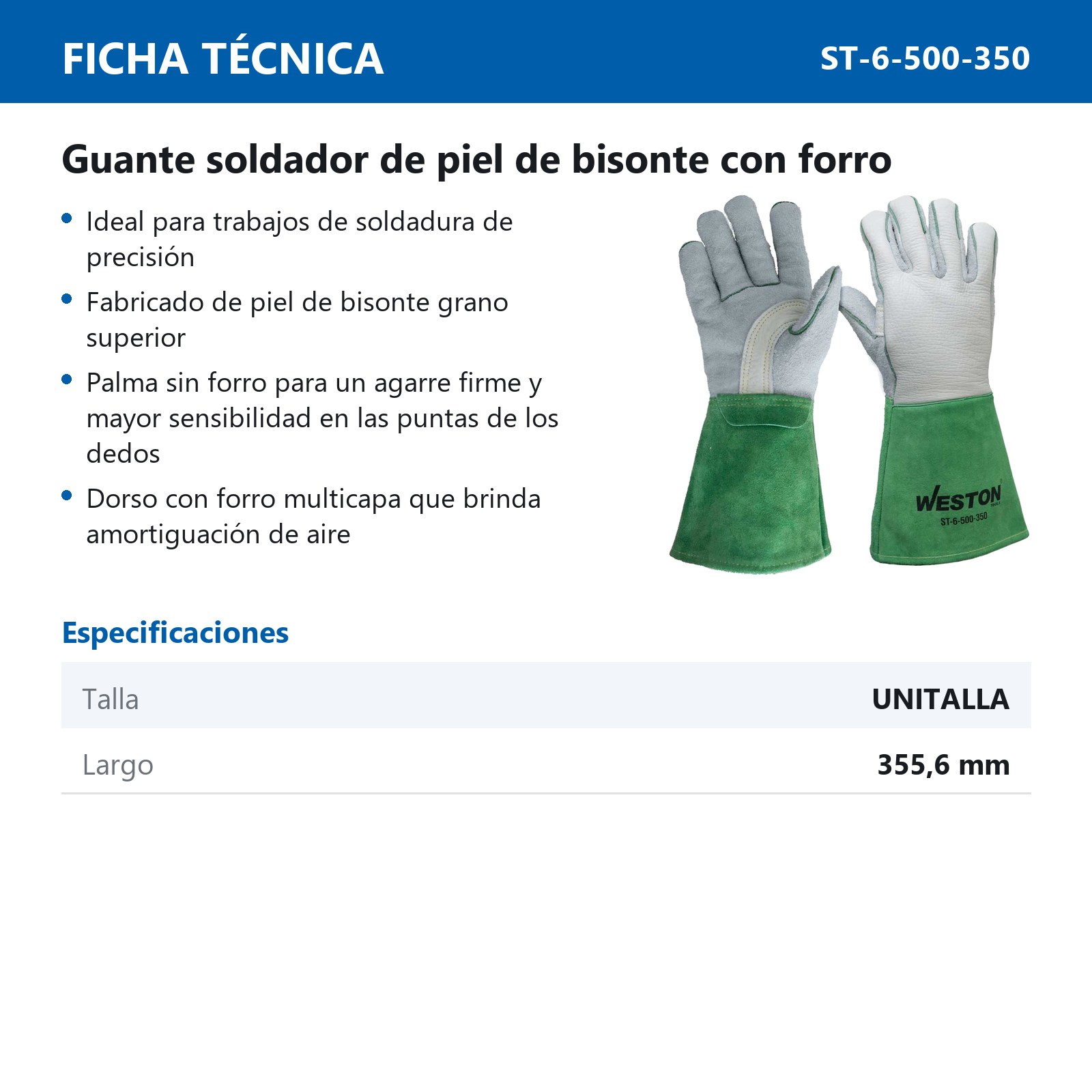 GUANTE PARA TIG DE PIEL DE BISONTE PALMA SIN FORRO/DORSO CON FORRO COMFOFLEX 14" - Imagen 4