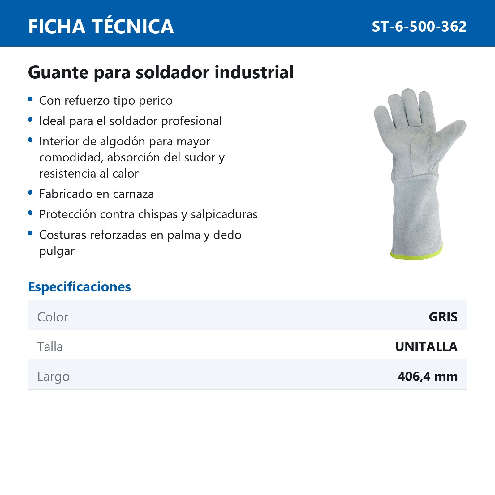GUANTE SOLDADOR DE CARNAZA GRIS C/REFUERZO TIPO PERICO USO INDUSTRIAL 16" - Imagen 4