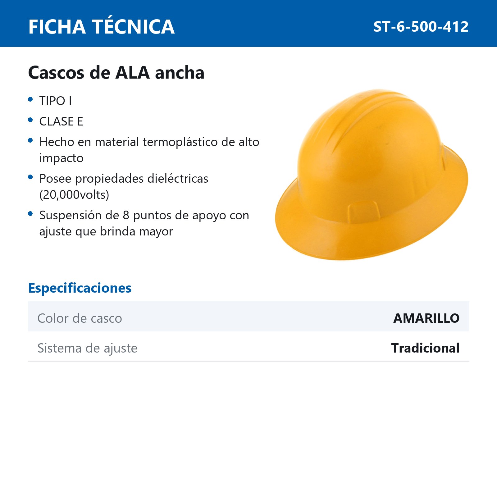 CASCO DE SEGURIDAD TIPO ALA ANCHA CON AJUSTE DE INTERVALOS AMARILLO - Imagen 2