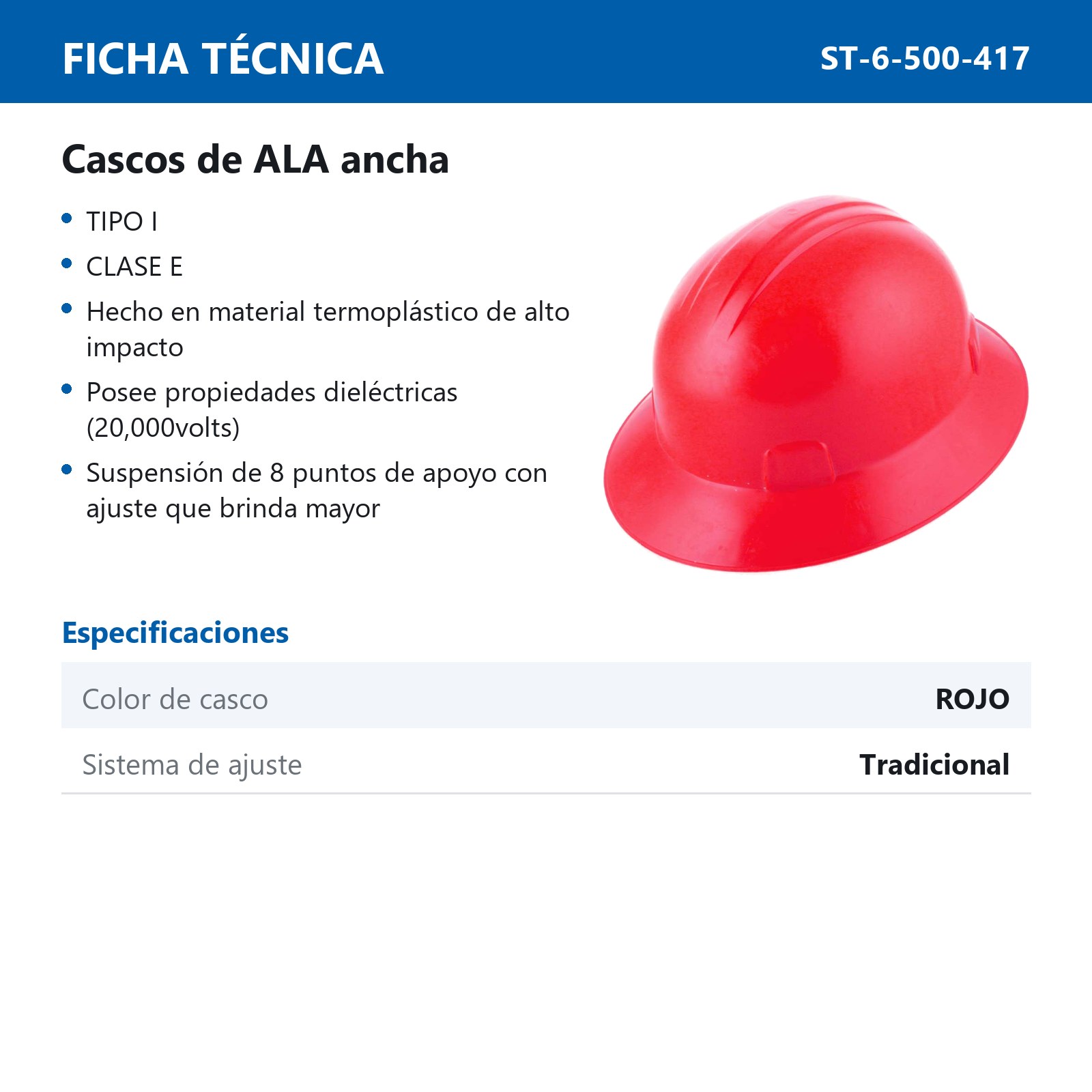 CASCO DE SEGURIDAD TIPO ALA ANCHA CON AJUSTE DE INTERVALOS ROJO - Imagen 2