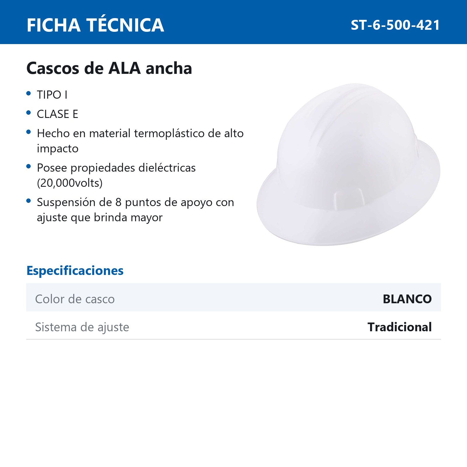 CASCO DE SEGURIDAD TIPO ALA ANCHA CON AJUSTE DE INTERVALOS BLANCO - Imagen 2