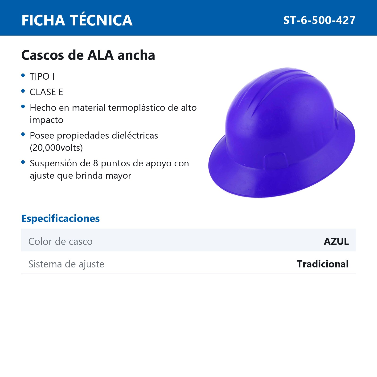 CASCO DE SEGURIDAD TIPO ALA ANCHA CON AJUSTE DE INTERVALOS AZUL - Imagen 2