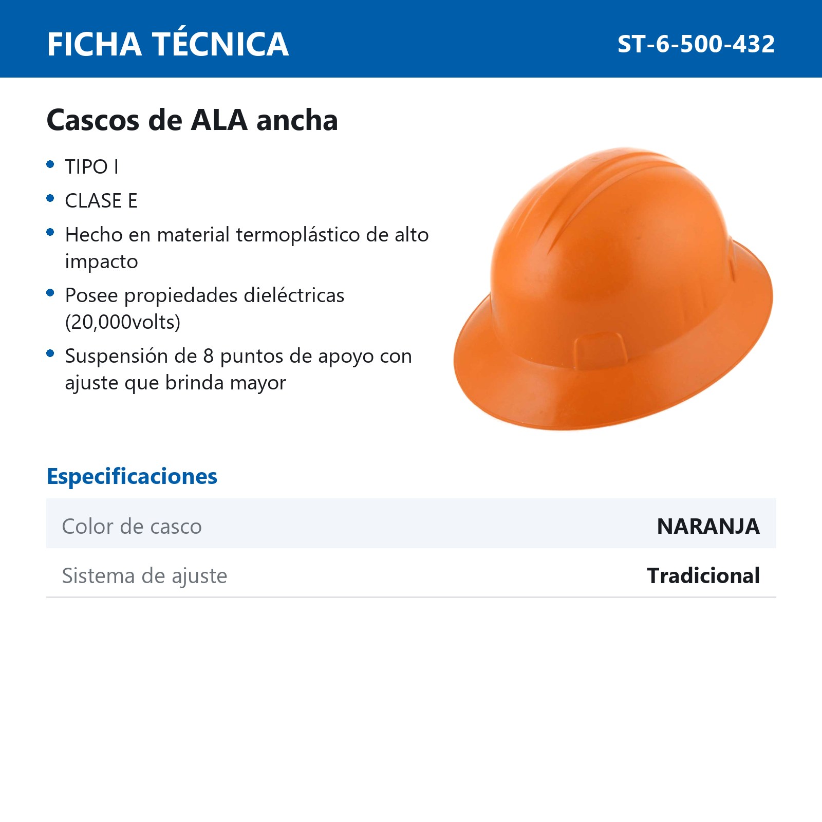 CASCO DE SEGURIDAD TIPO ALA ANCHA CON AJUSTE DE INTERVALOS NARANJA - Imagen 2