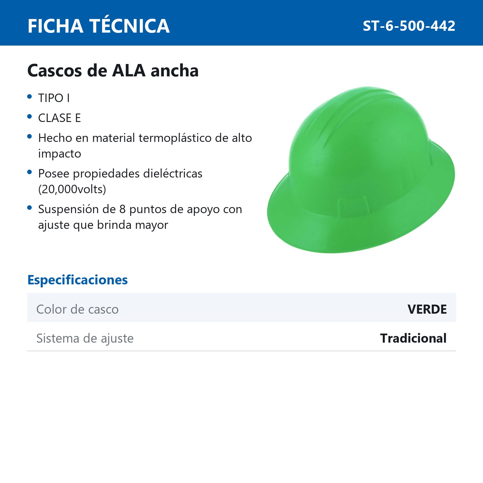 CASCO DE SEGURIDAD TIPO ALA ANCHA CON AJUSTE DE INTERVALOS VERDE - Imagen 2