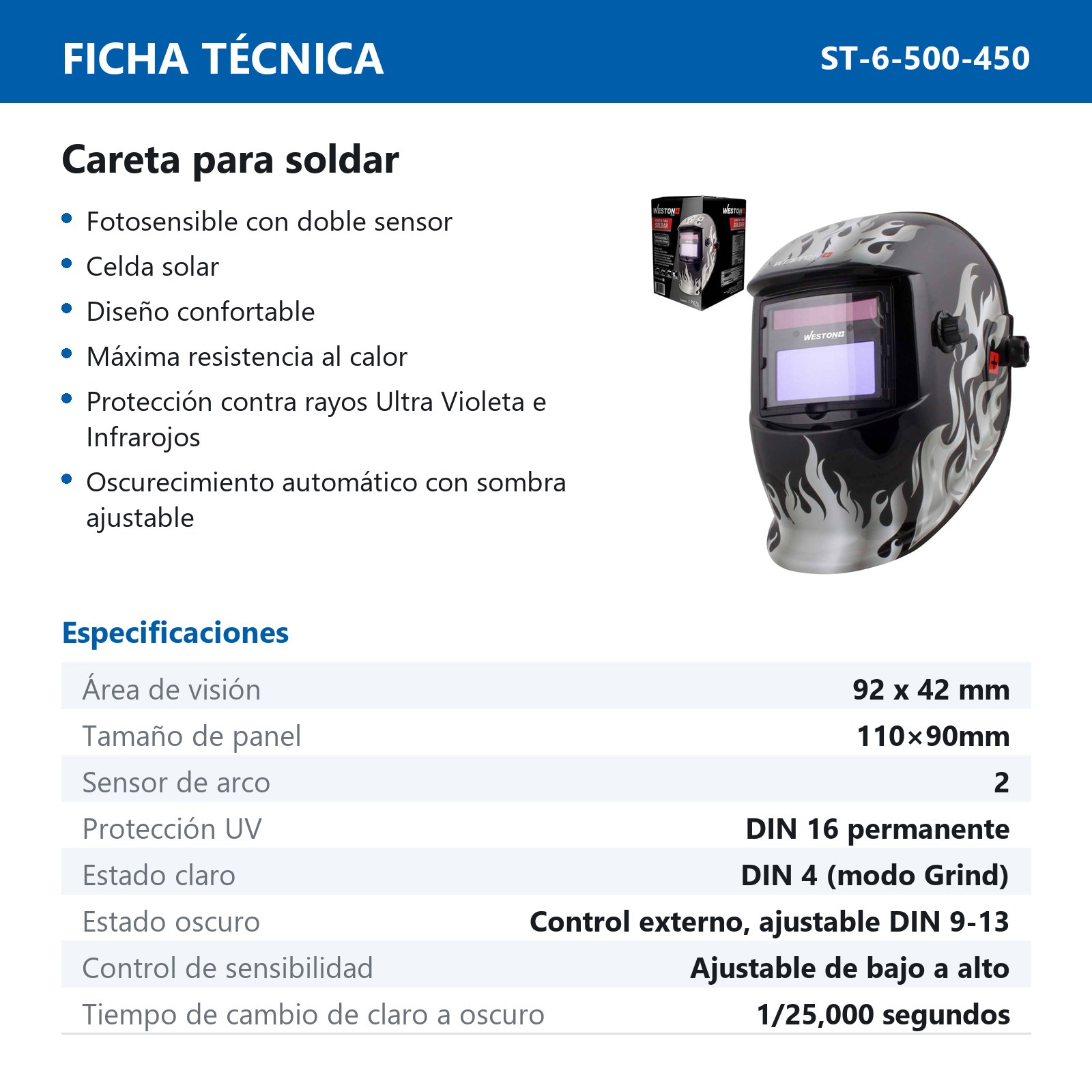 Careta P/Soldar Weston Plus 3 fun. 2 sensores TIG>= 10 Amp. - Imagen 3