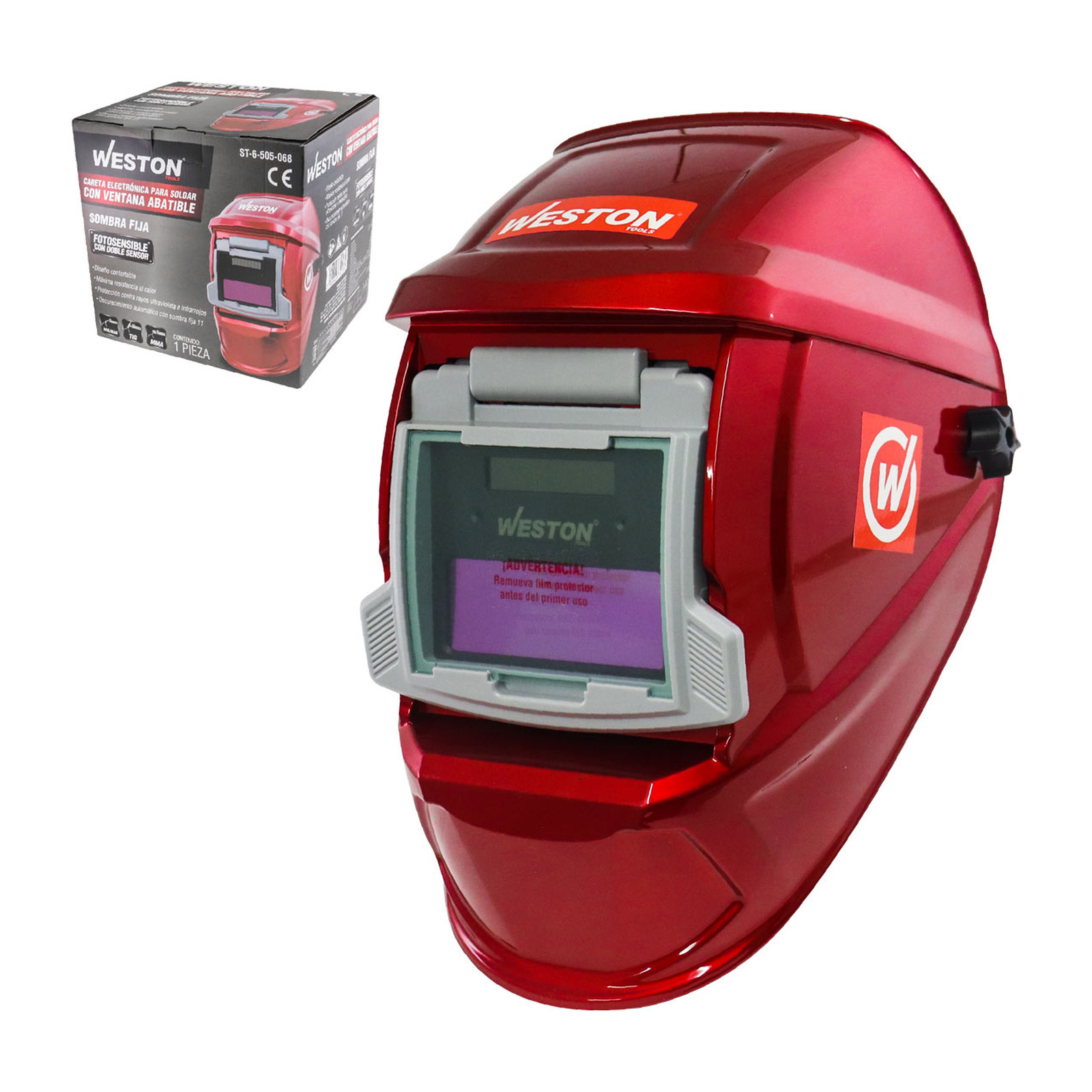 Careta para Soldar Eléctrica con Ventana Abatible Roja Sombra Fija WESTON