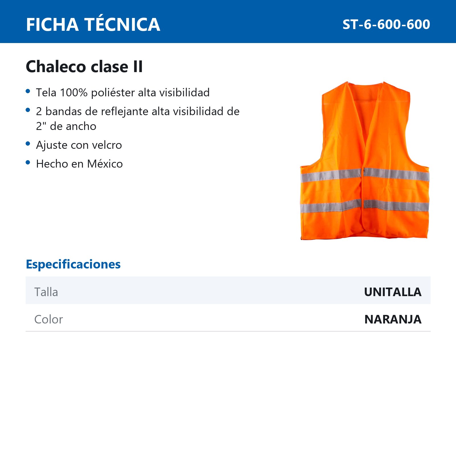 CHALECO CLASE II AJUSTE CON VELCRO NARANJA UNITALLA - Imagen 3