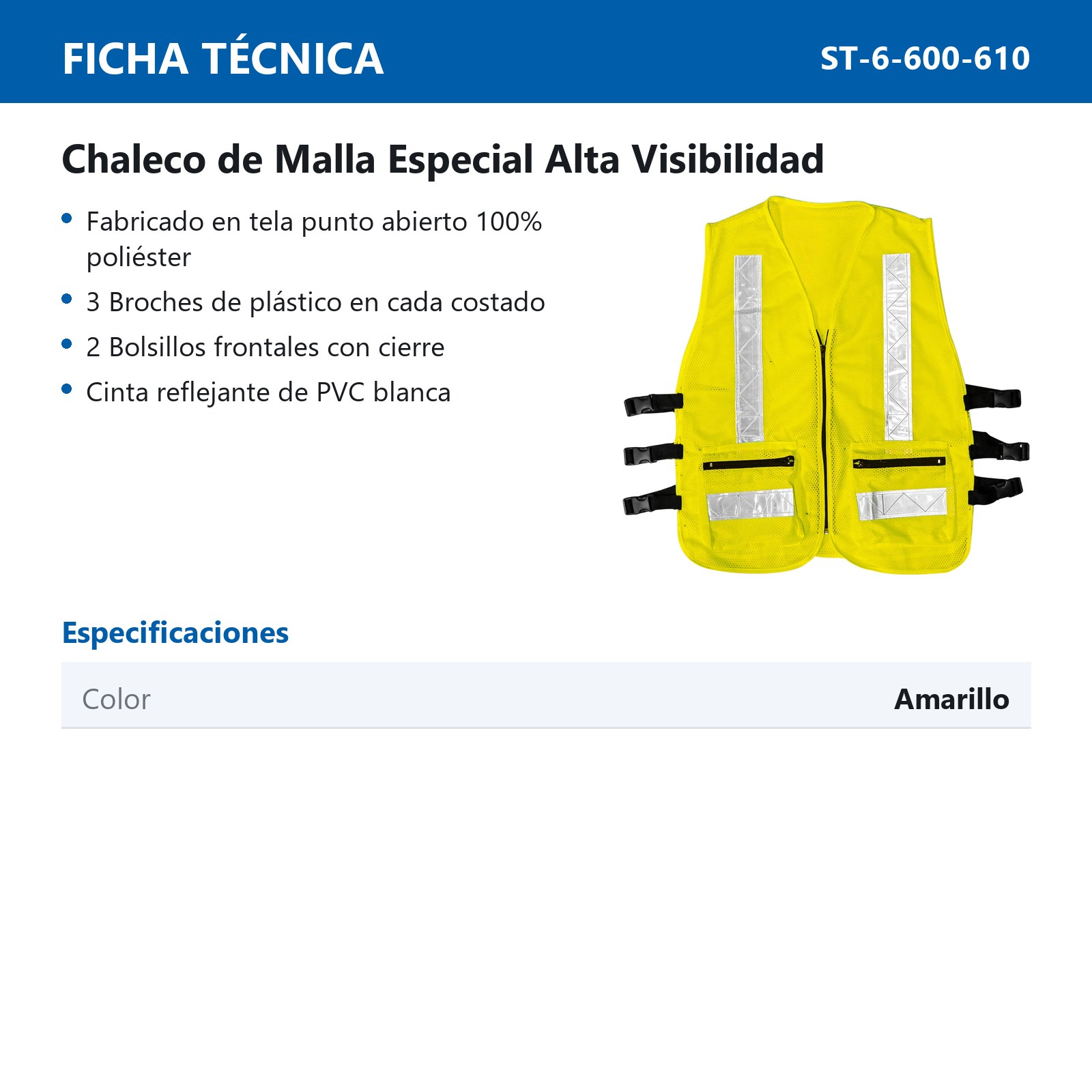CHALECO MALLA ALTA VISIBILIDAD DE POLIESTER Y REFLEJANTE DE 2" AMARILLO - UNITALLA - Imagen 2