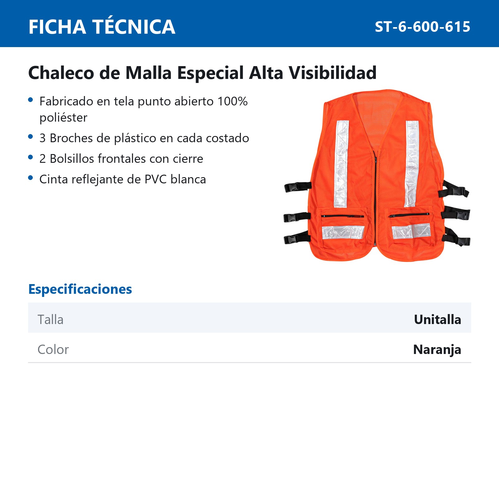CHALECO MALLA ALTA VISIBILIDAD DE POLIESTER Y REFLEJANTE DE 2" NARANJA - UNITALLA - Imagen 2