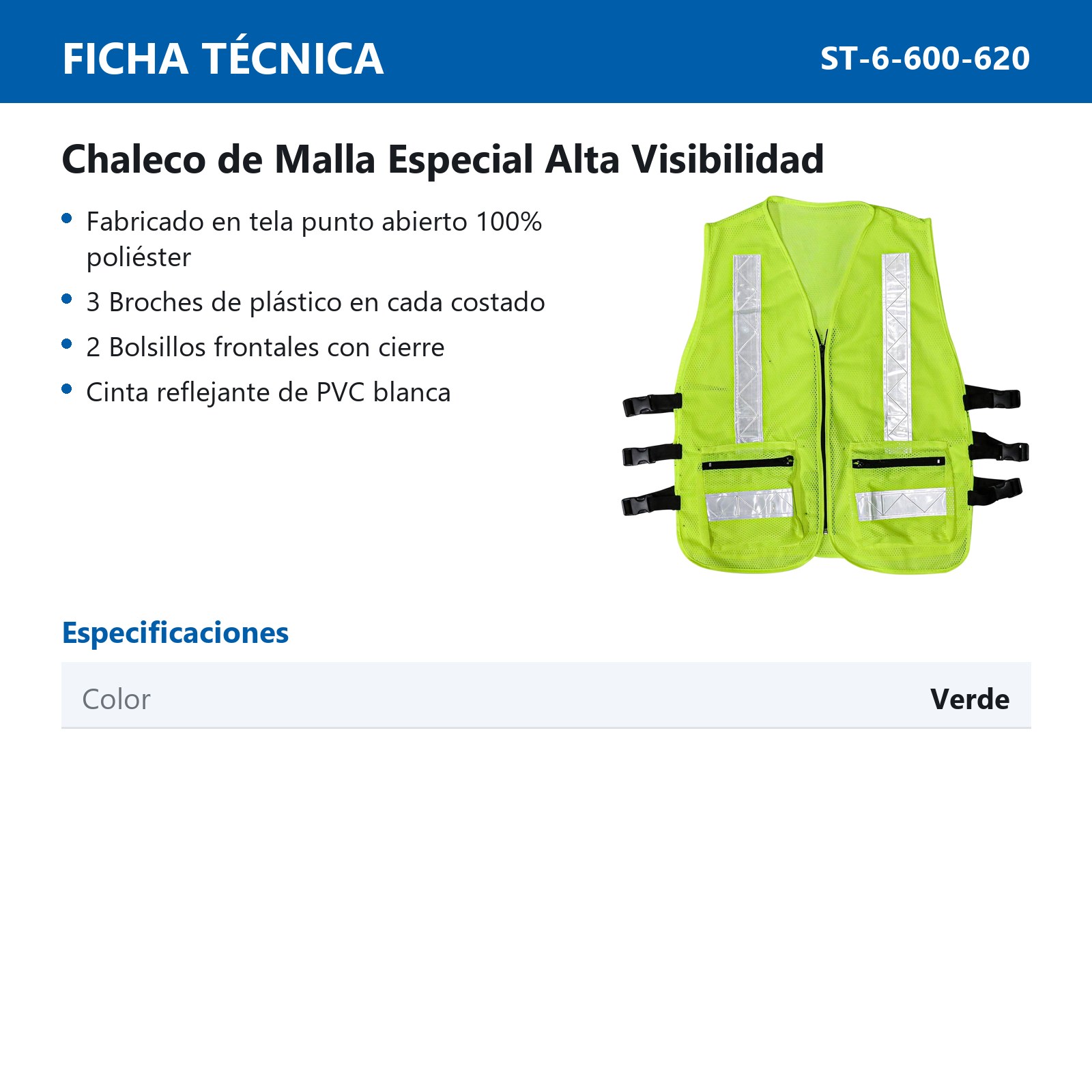 CHALECO MALLA ALTA VISIBILIDAD DE POLIESTER Y REFLEJANTE DE 2" VERDE - UNITALLA - Imagen 2
