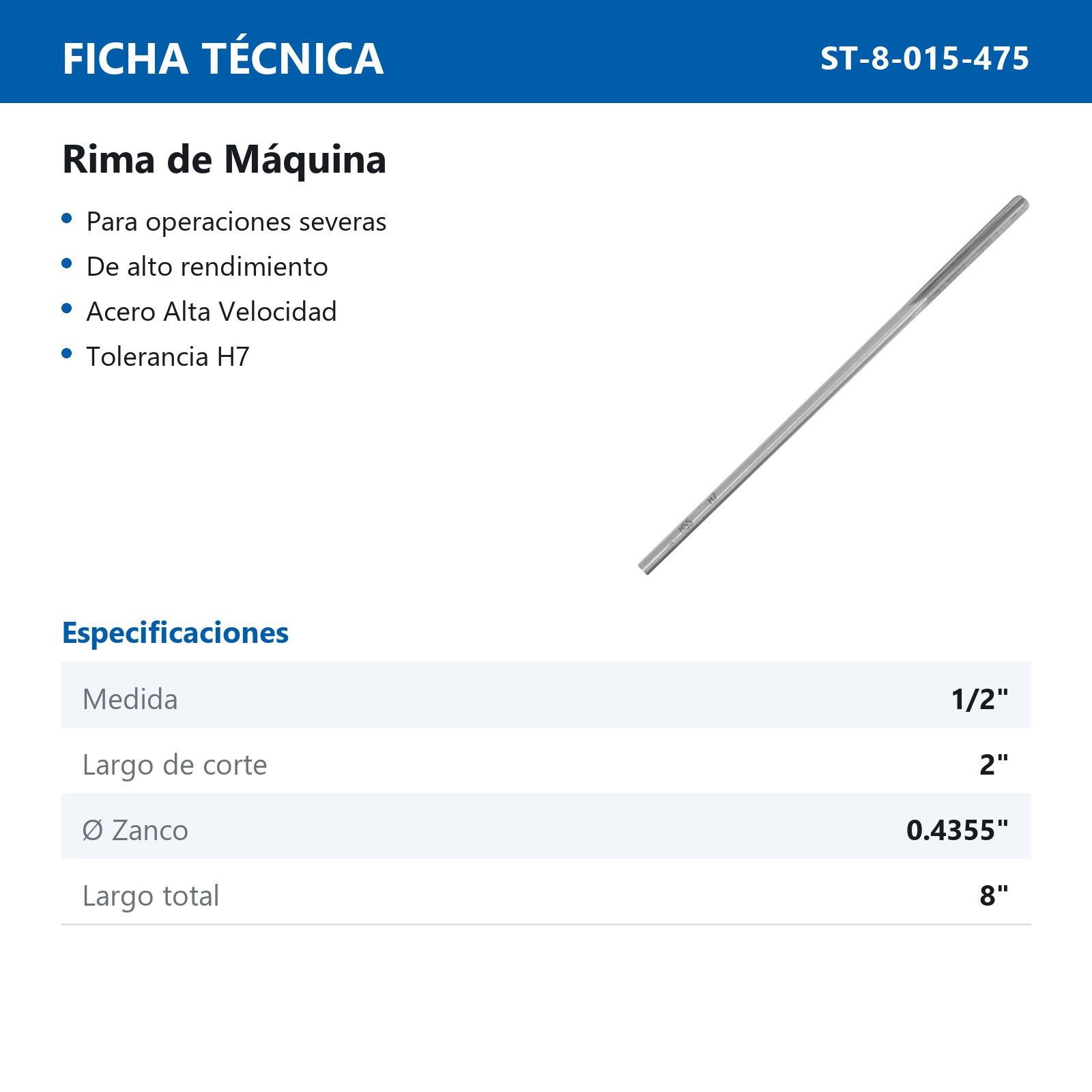RIMA DE MAQUINA FLAUTA RECTA AAV H7 1/2" - Imagen 3