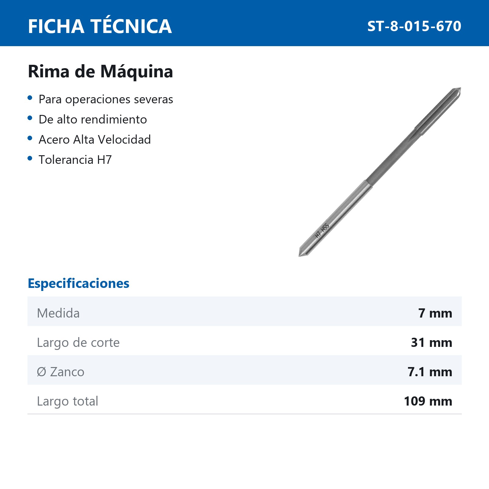 RIMA DE MAQUINA FLAUTA RECTA AAV H7 7MM - Imagen 3