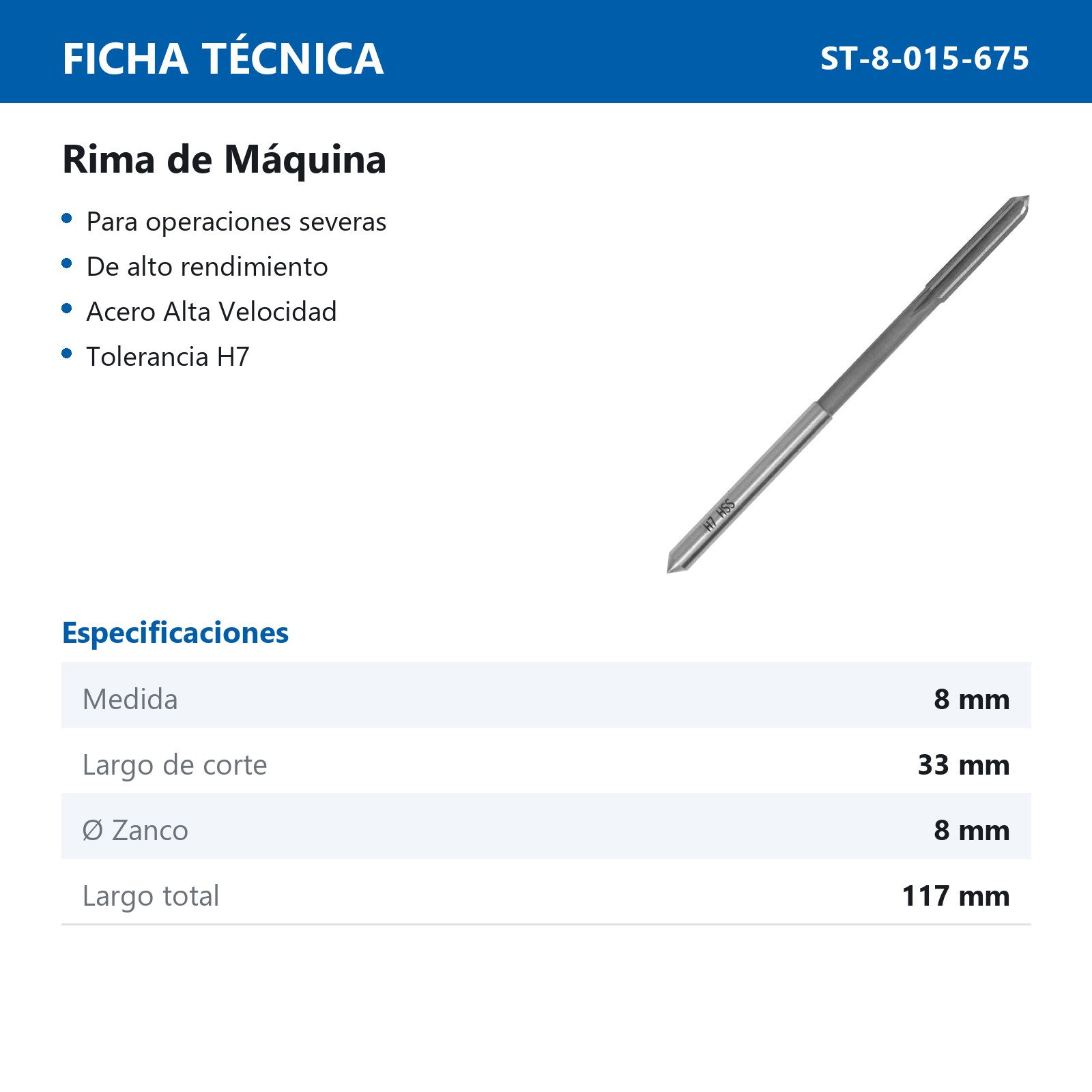 RIMA DE MAQUINA FLAUTA RECTA AAV H7 8MM - Imagen 3