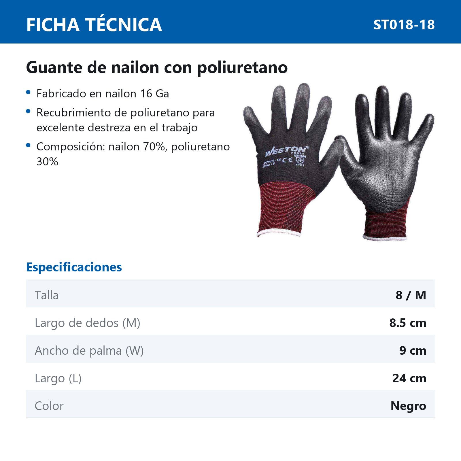GUANTE NYLON NORMAL C/PU 13G NEGRO 8 (Precio x par - Empaque c/10 pares) - Imagen 3