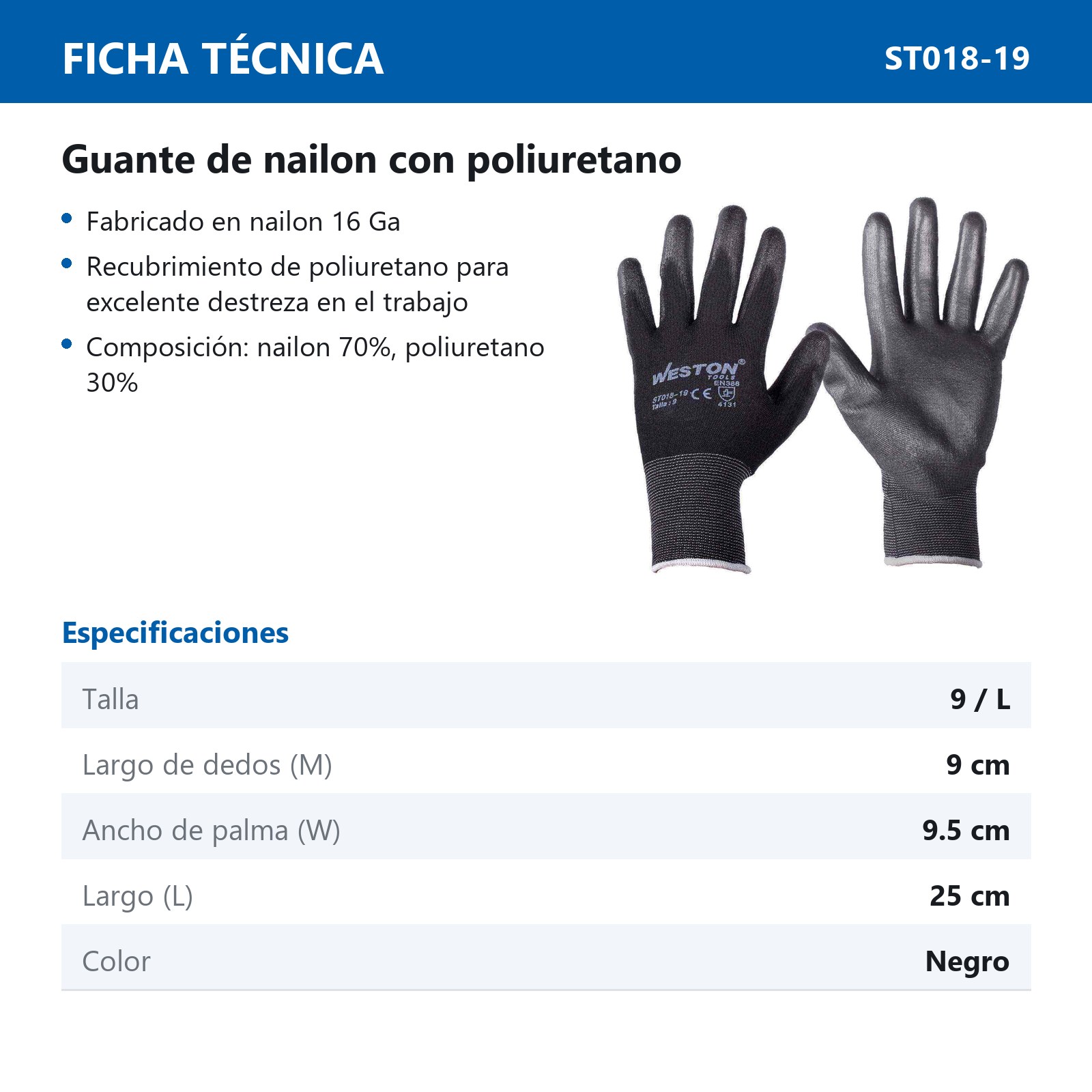 GUANTE NYLON NORMAL C/PU 13G NEGRO 9 (Precio x par - Empaque c/10 pares) - Imagen 3