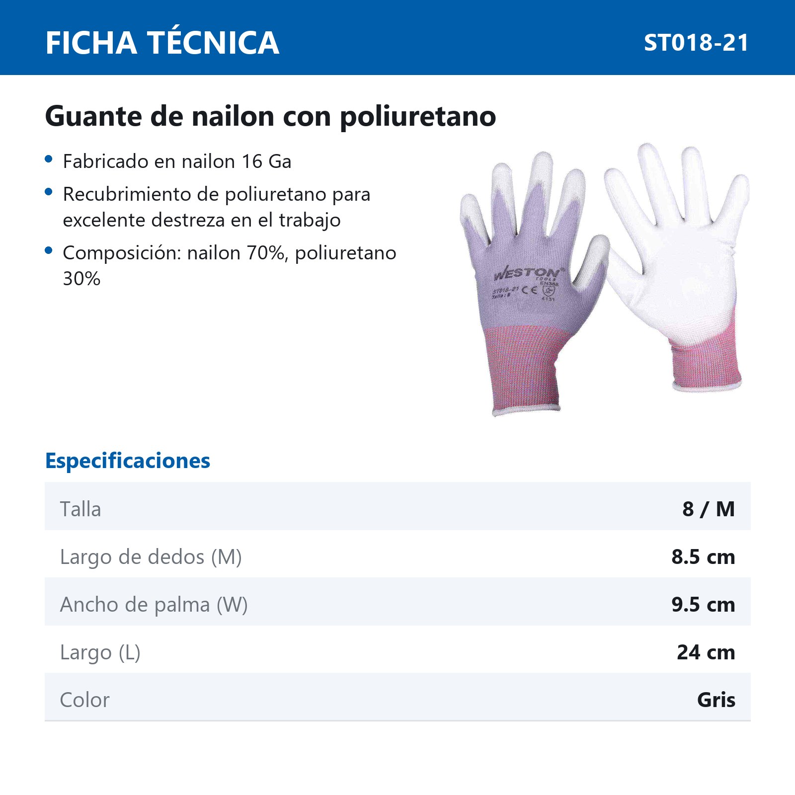 GUANTE NYLON C/PU 13G C/PALMA GRIS 8 (Precio x par - Empaque c/10 pares) - Imagen 3