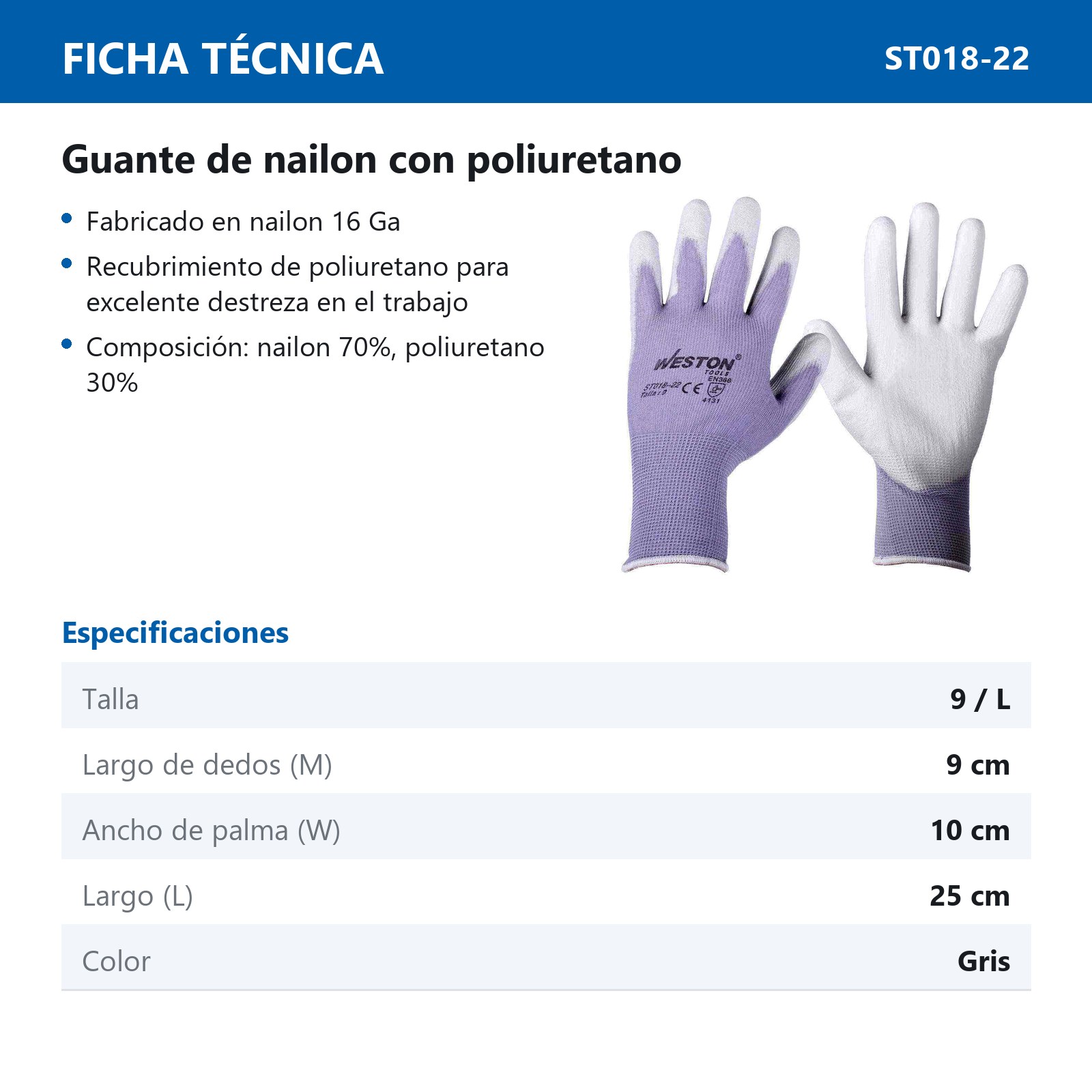 GUANTE NYLON C/PU 13G C/PALMA GRIS 9 (Precio x par - Empaque c/10 pares) - Imagen 3