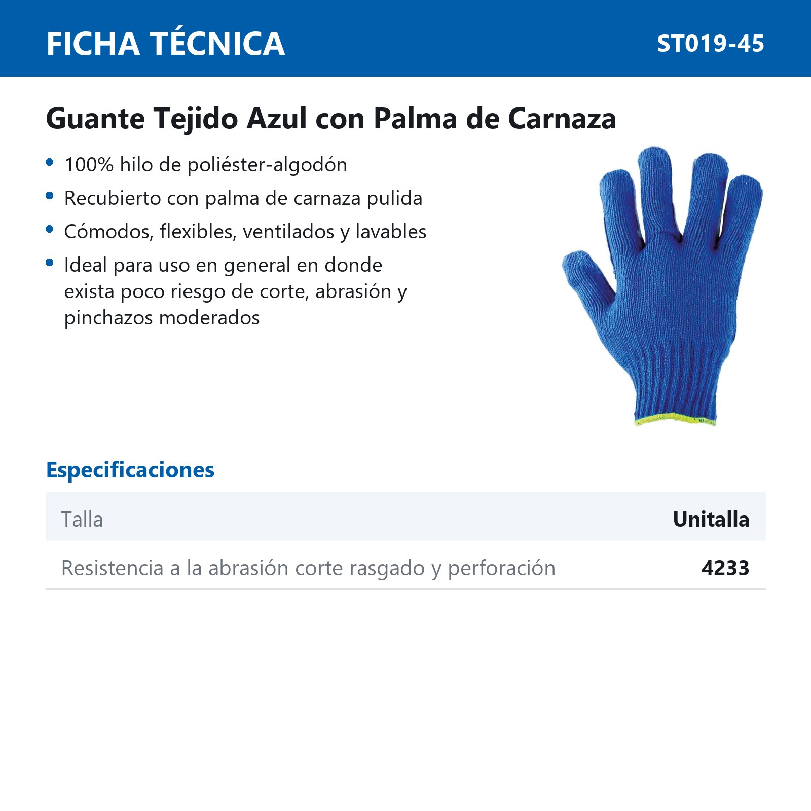 GUANTE TEJIDO AZUL C/PALMA DE CARNAZA (Precio x par - Empaque c/10 pares) - Imagen 3