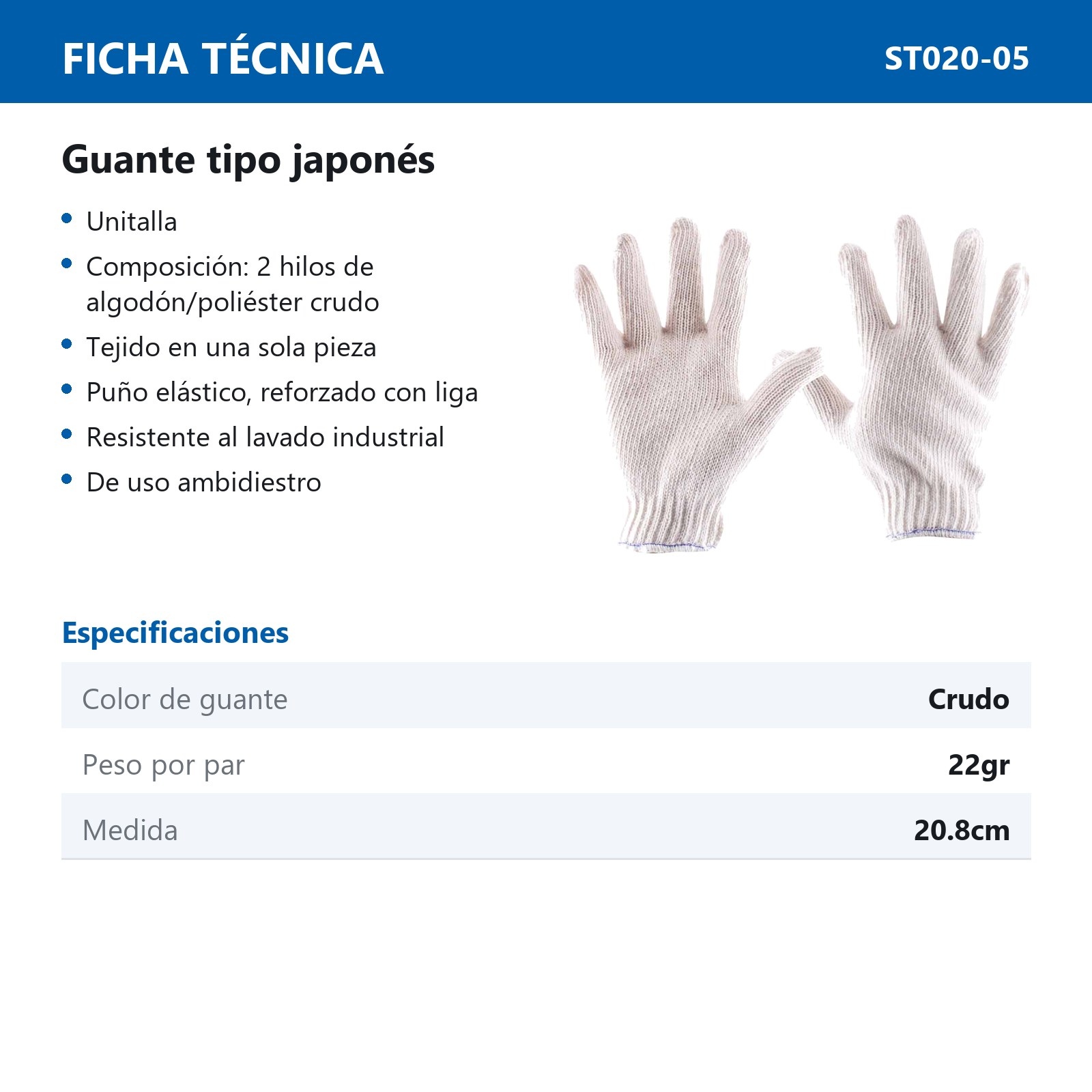 GUANTE JAPONES COLOR CRUDO 70GR. TALLA L (Precio x par - Empaque c/10 pares) - Imagen 4