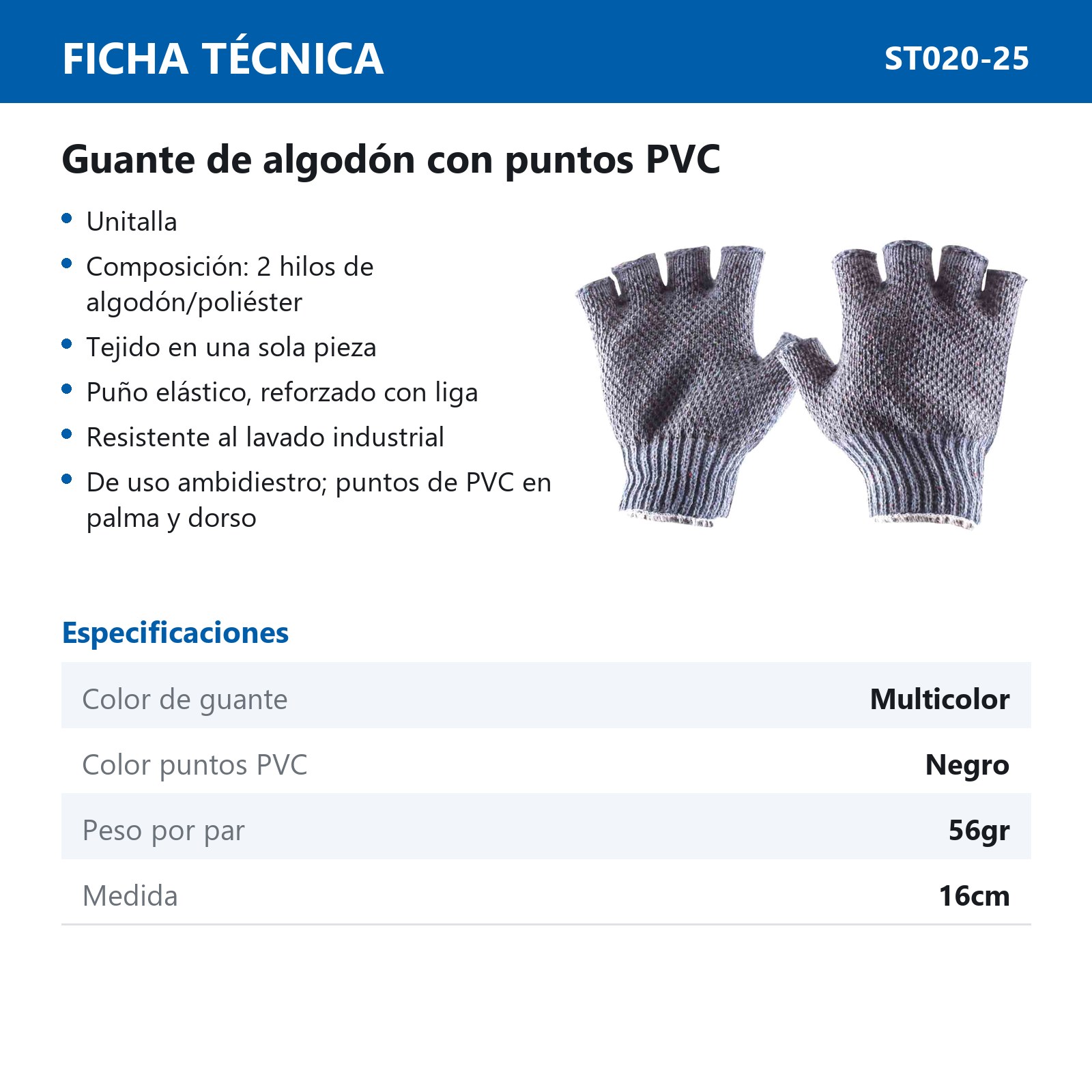 GUANTE ALGODON MULTICOLOR C/PUNTO PVC SIN DEDOS UNITALLA (Precio x par - Empaque c/10 pares) - Imagen 4