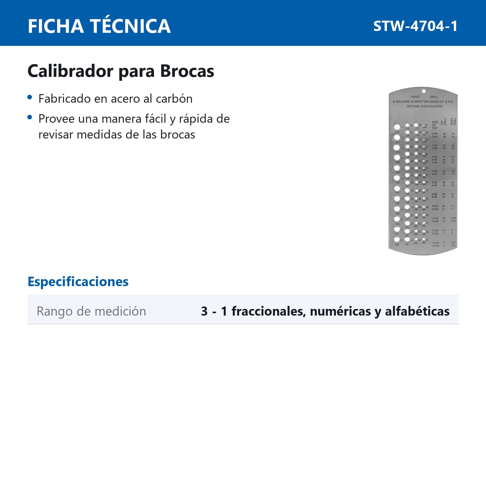 GAGE CALIBRADOR P/BROCAS 3-1 FRACC. NUM. Y ALFA - Imagen 2