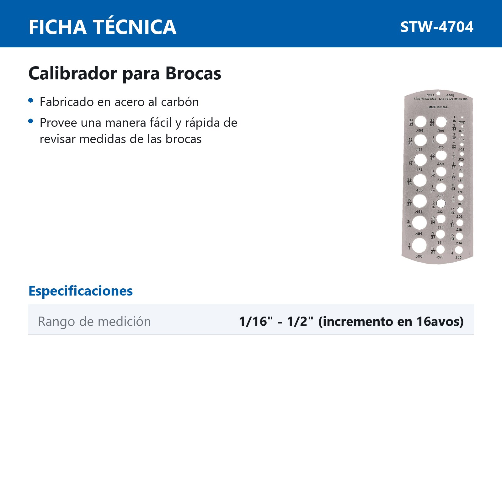 GAUGE / CALIBRADOR P/BROCAS 1/16"-1/2" (64's) - Imagen 2