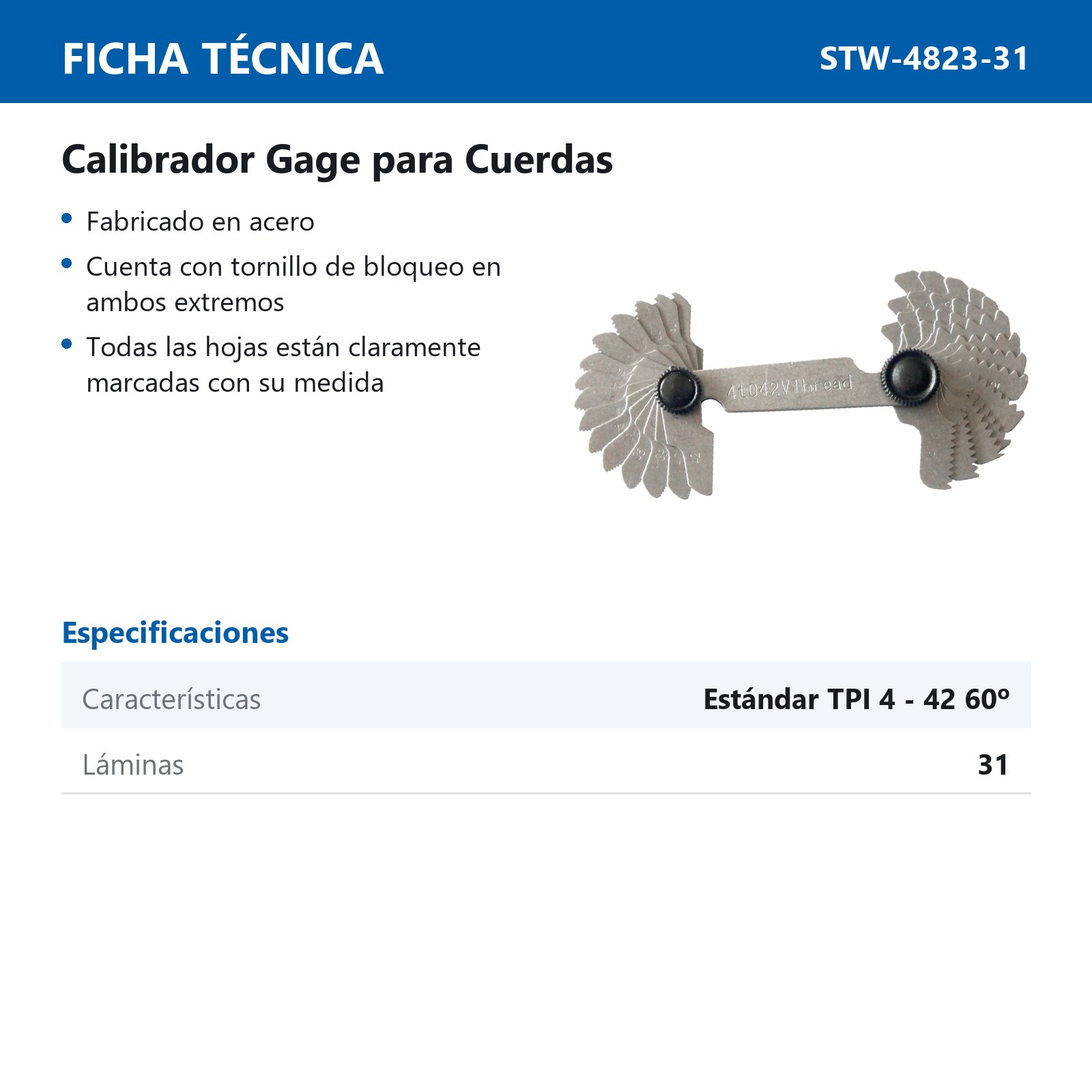 CONTADOR DE HILOS ESTANDAR TPI 4-42 60° (31 LAMINAS) - Imagen 2
