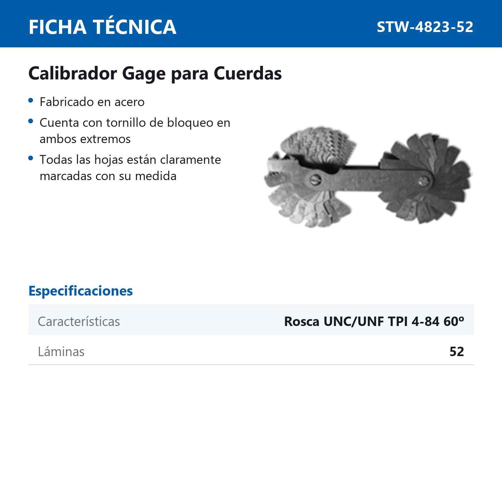 CONTADOR DE HILOS UNC/UNF  TPI 4-84  60° (52 LAMINAS) - Imagen 2