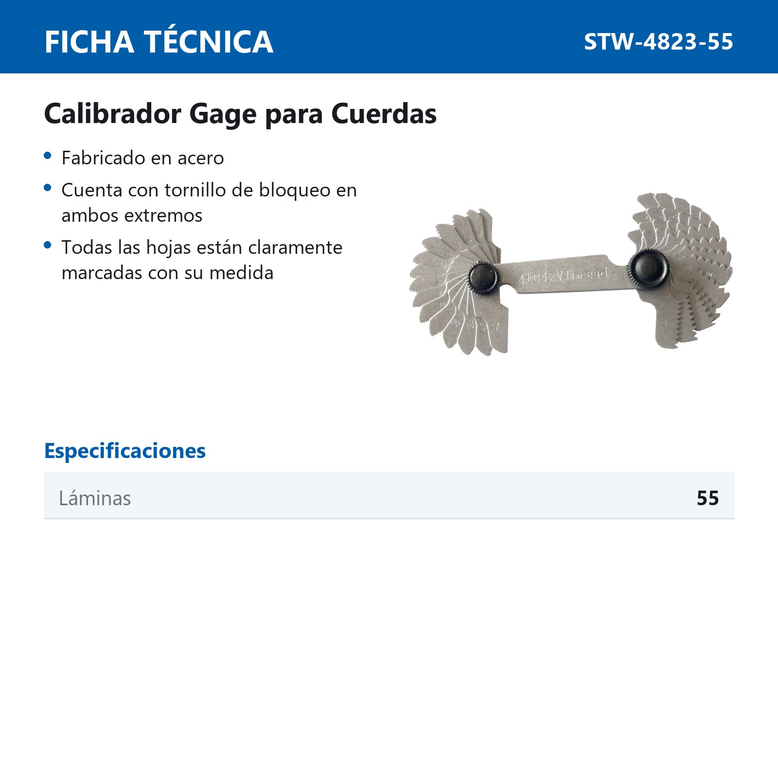 CONTADOR DE HILOS MET UNC/UNF TPI 4-42 Y 0.25-6MM   60° (55 LAMINAS) - Imagen 2