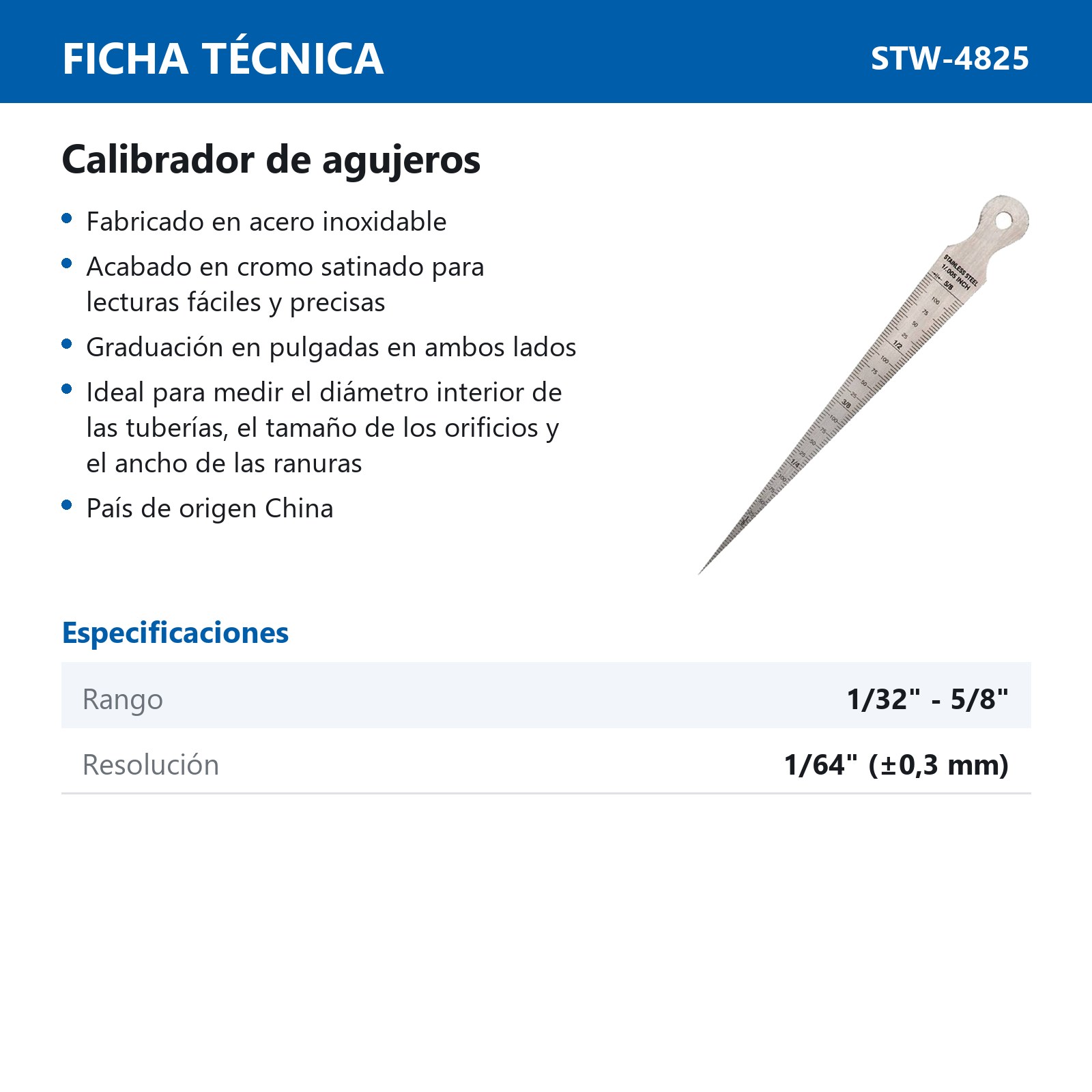 CALIBRADOR DE AGUJEROS 1/32" (1mm) - 5/8" (16 mm ) PULG/MM - Imagen 2