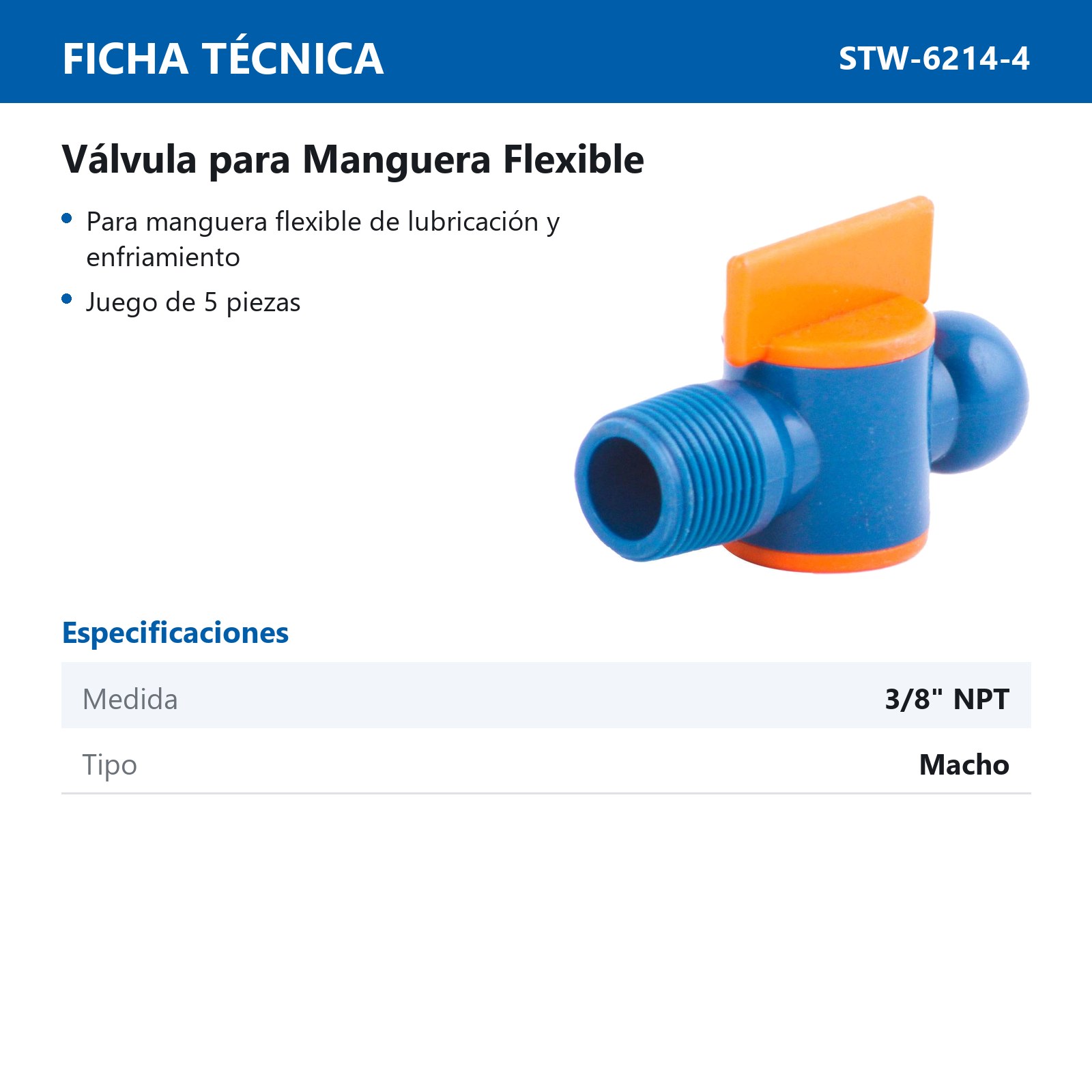VALVULA PARA MANGUERA 3/8" JGO. (5 PZS) - Imagen 2