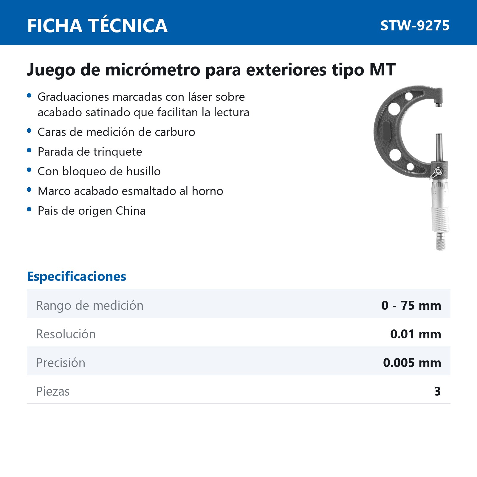 JUEGO MICROMETRO P/EXTERIORES TIPO MT 0 - 75MM 3 PIEZAS - Imagen 2