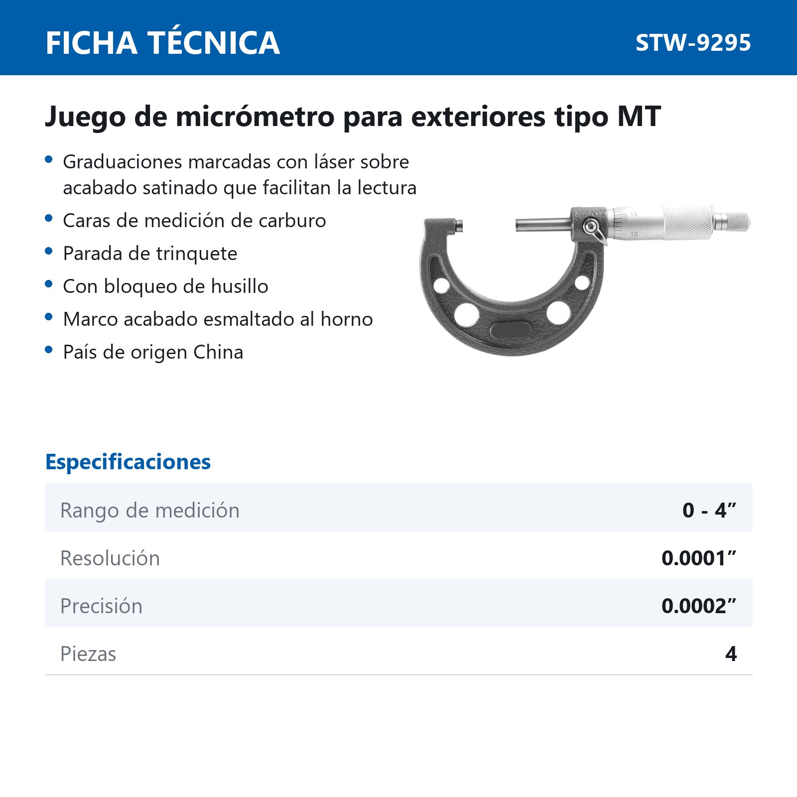 JUEGO MICROMETRO P/EXTERIORES TIPO MT 0 - 4" 4 PIEZAS - Imagen 2