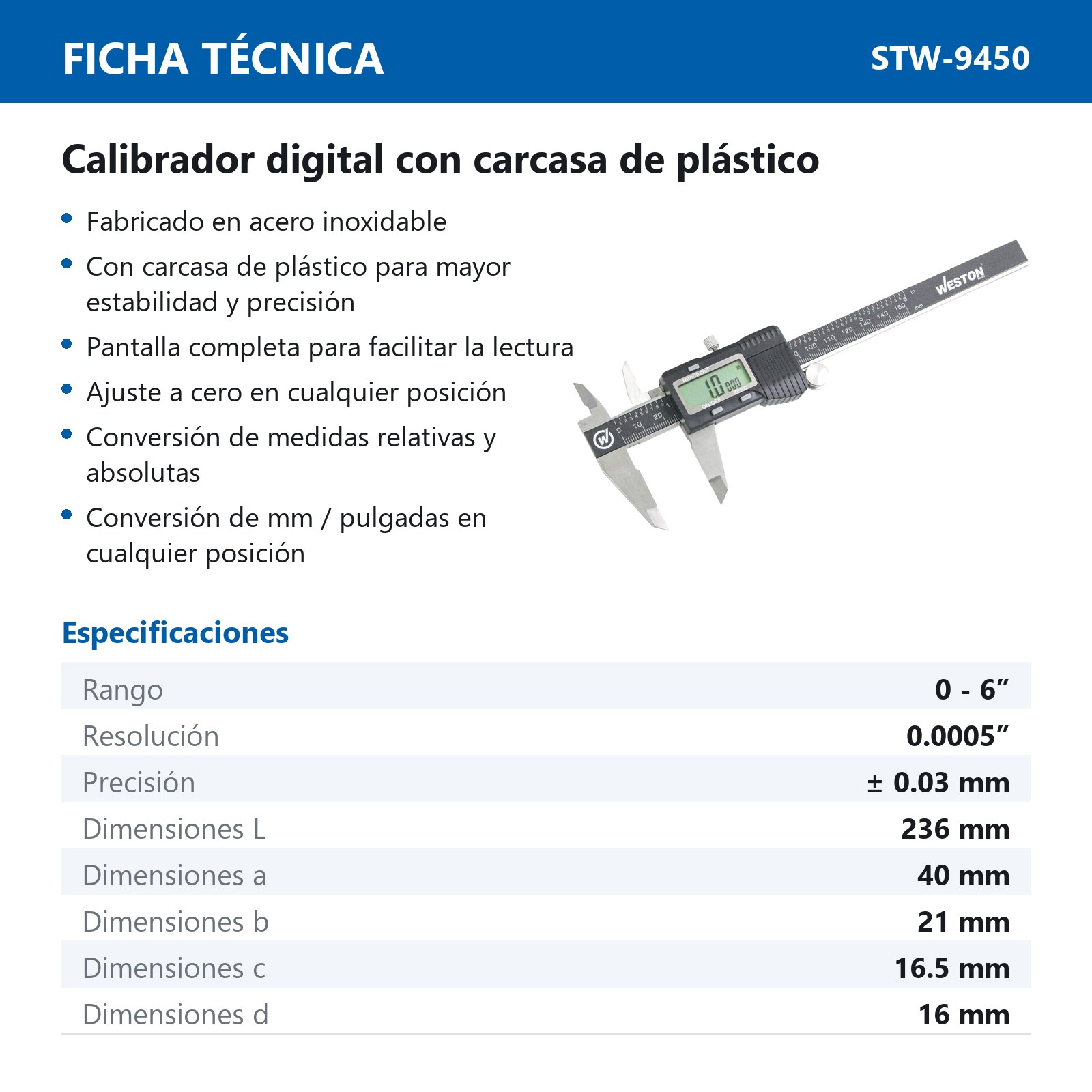 CALIBRADOR DIGITAL ACERO INOX. CARCASA PLASTICA 6" - Imagen 4