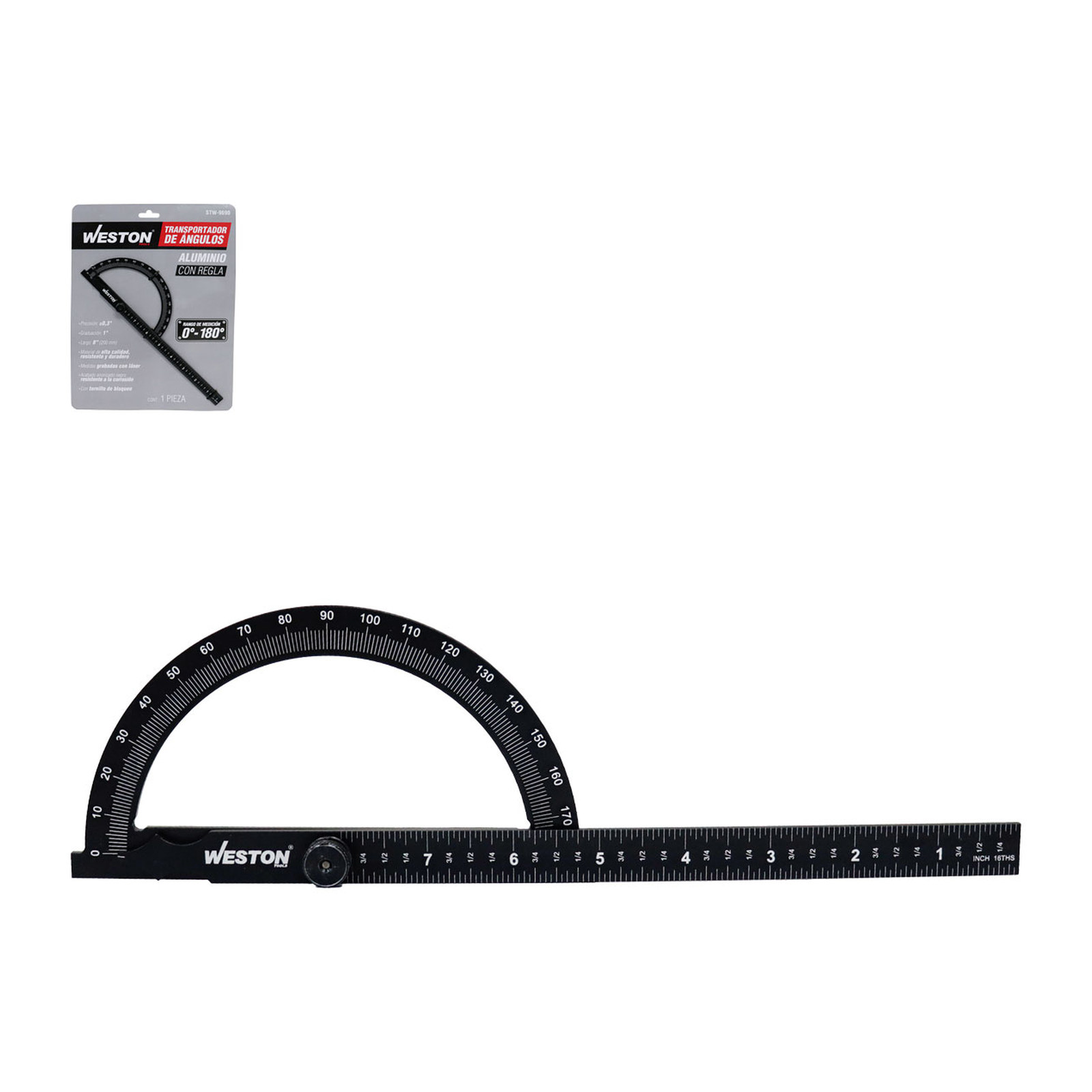 Transportador de Aluminio con Regla 180° 8" Weston