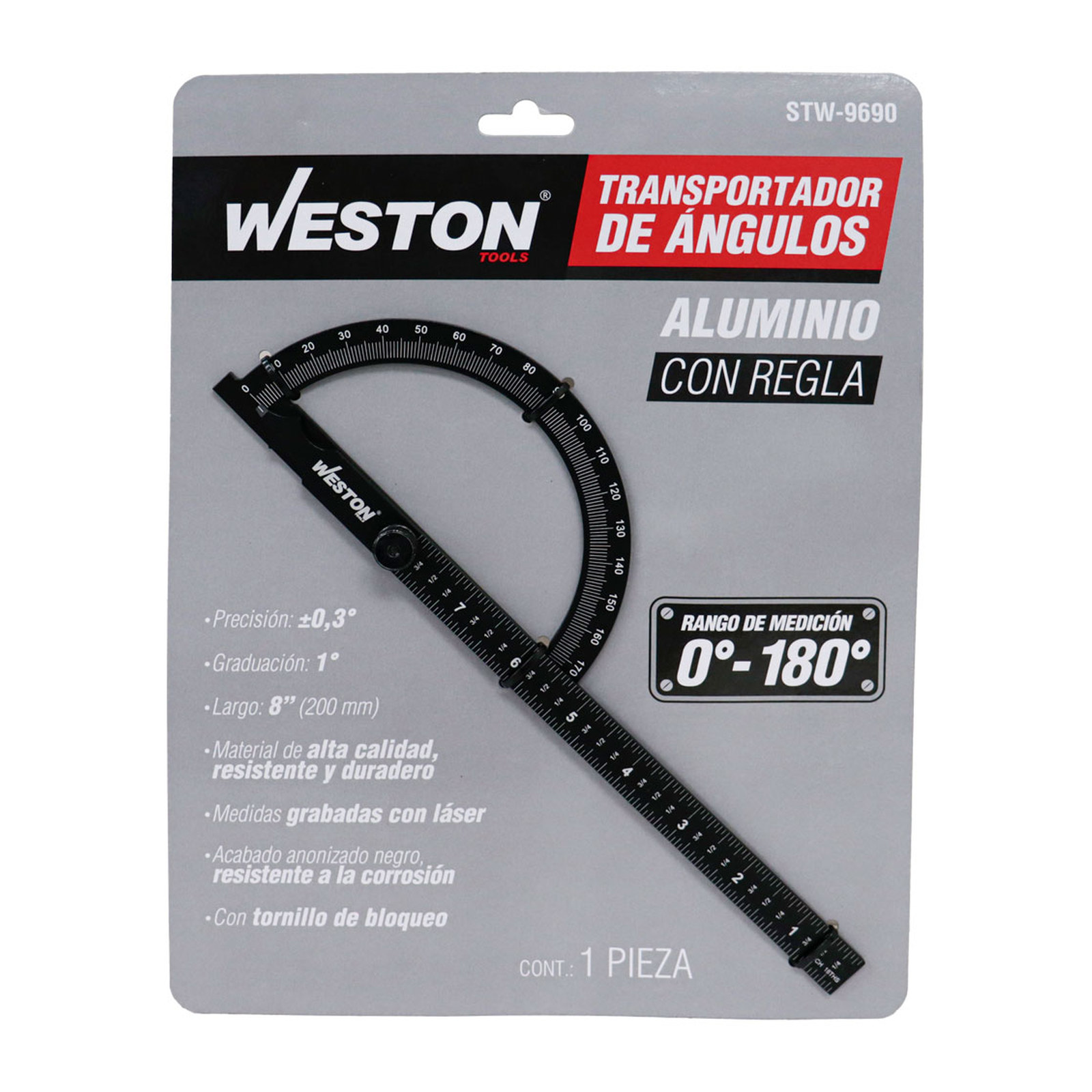 TRANSPORTADOR DE ALUMINIO CON REGLA 180° 8" - Imagen 4