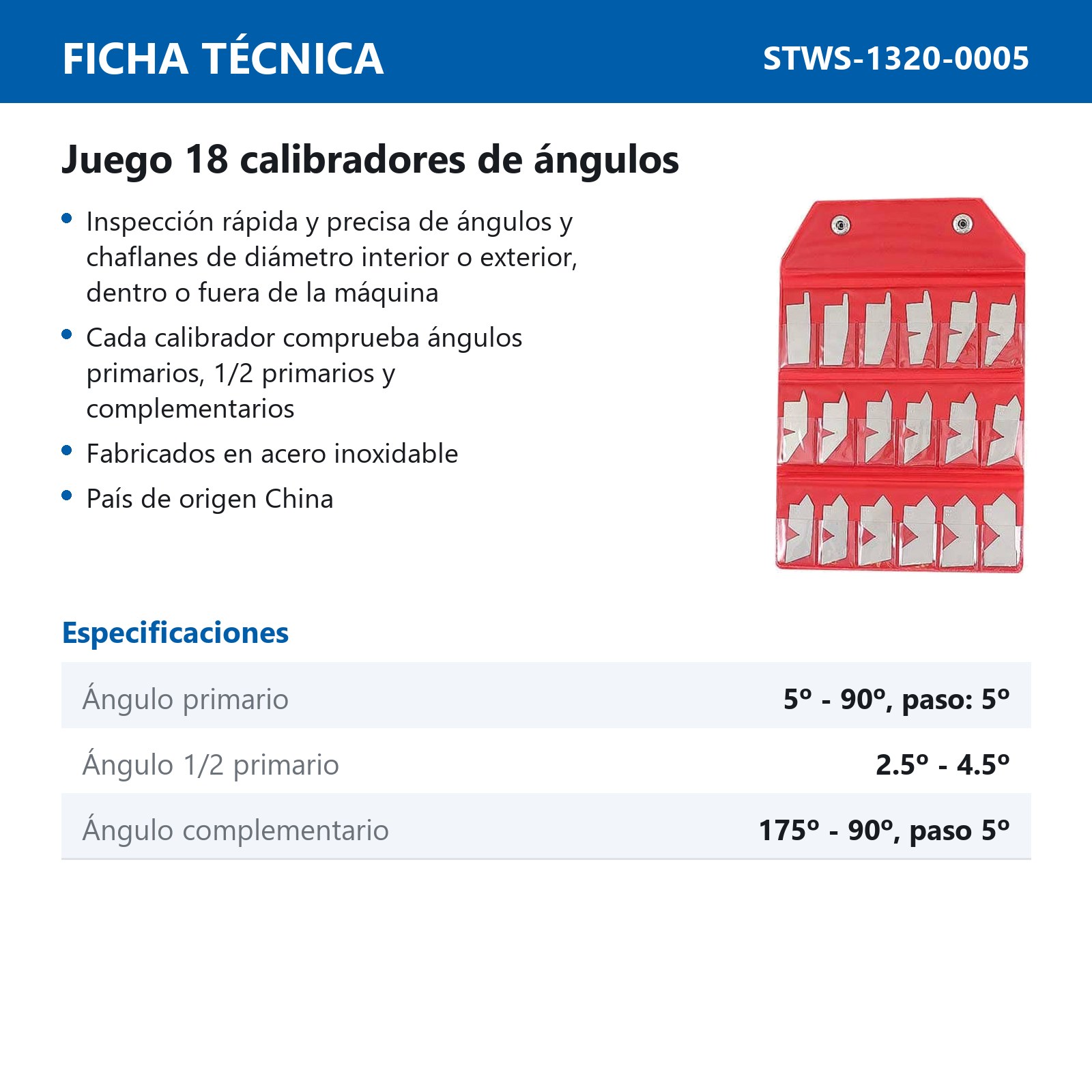 JUEGO DE 18 CALIBRADORES DE ANGULOS 5°-90° - Imagen 3
