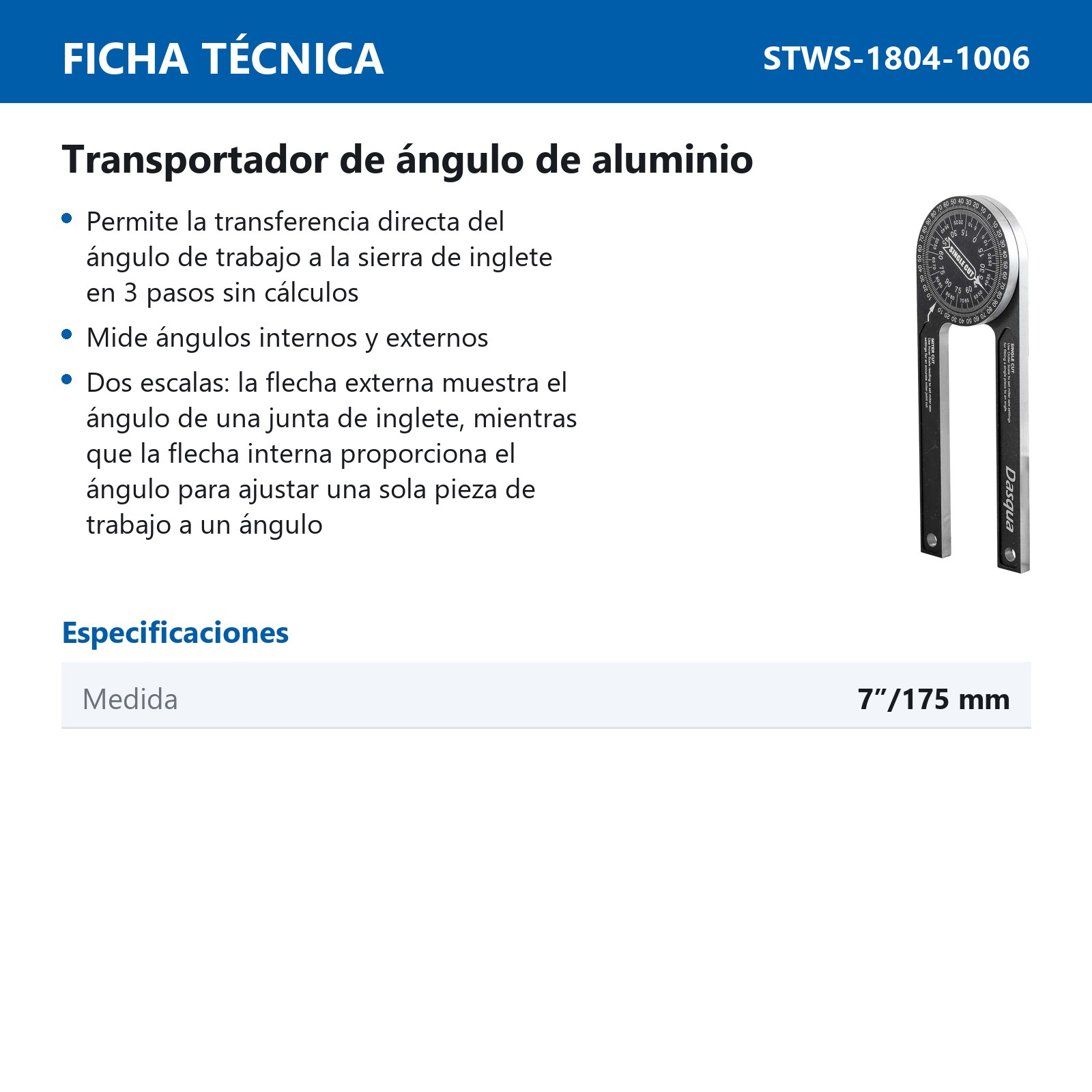 TRANSPORTADOR DE ANGULO D/ALUMINIO 7'' - Imagen 4