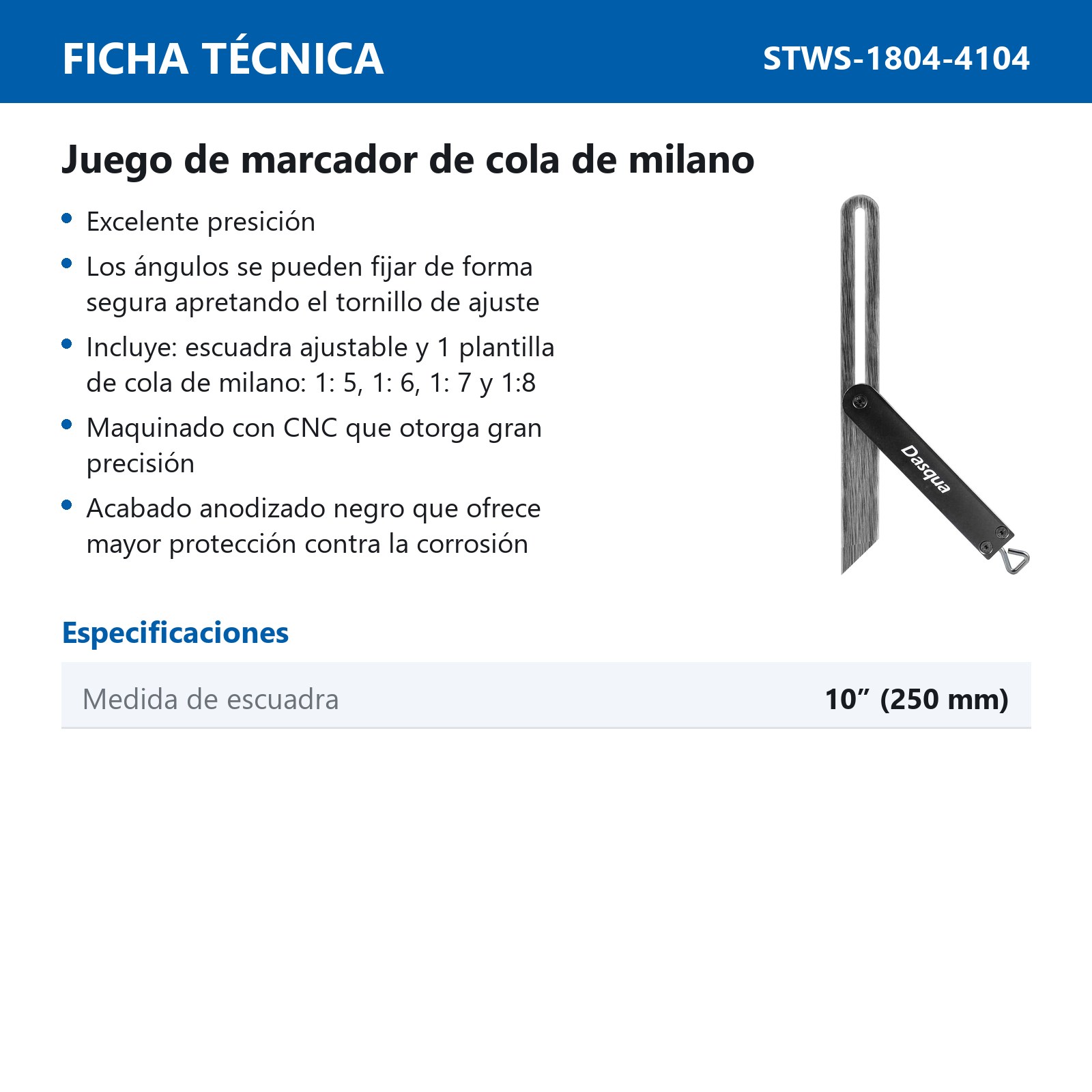 JUEGO DE MARCADOR DE COLA DE MILANO D/ALUMINIIO Y ESCUADRA AJUSTABLE 10'' - Imagen 4
