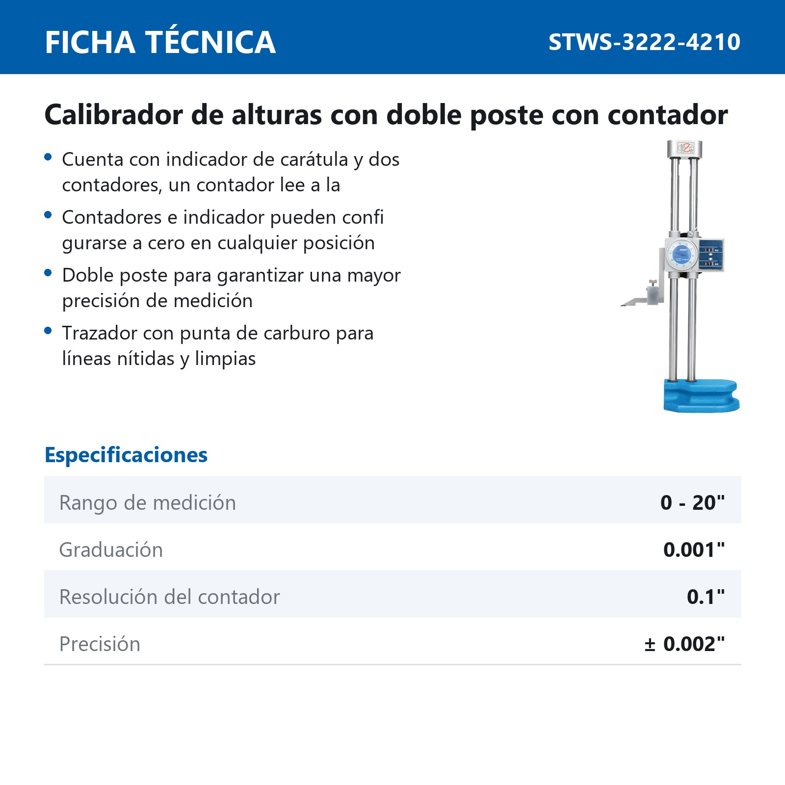 CALIBRADOR D/ALTURAS C/DOBLE POSTE C/CONTADOR DIG. 0-20" D*0.001"*0.1 - Imagen 2