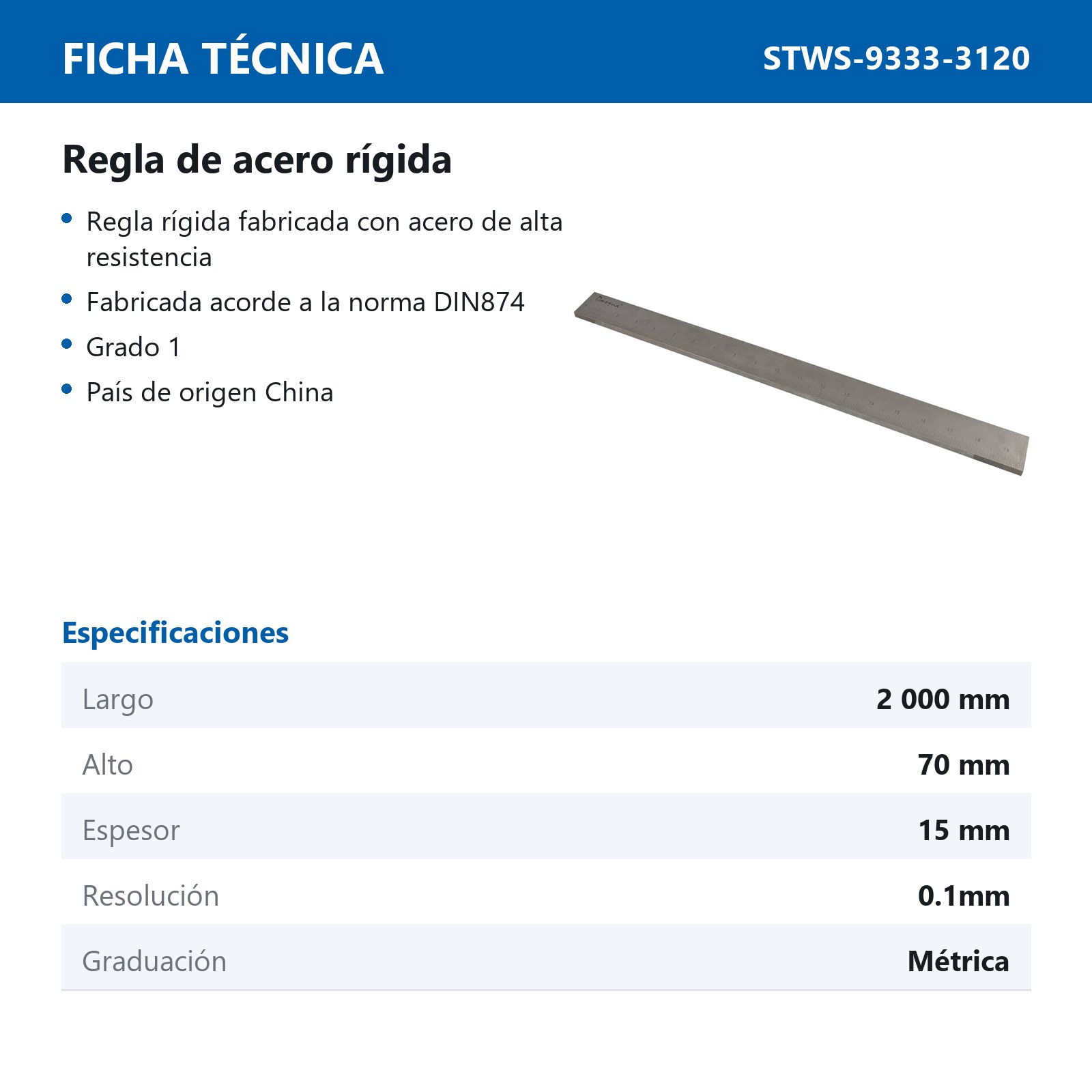 REGLA DE ACERO RIGIDA 2000x42x12.5MM GRADUACION 0.1MM - Imagen 3