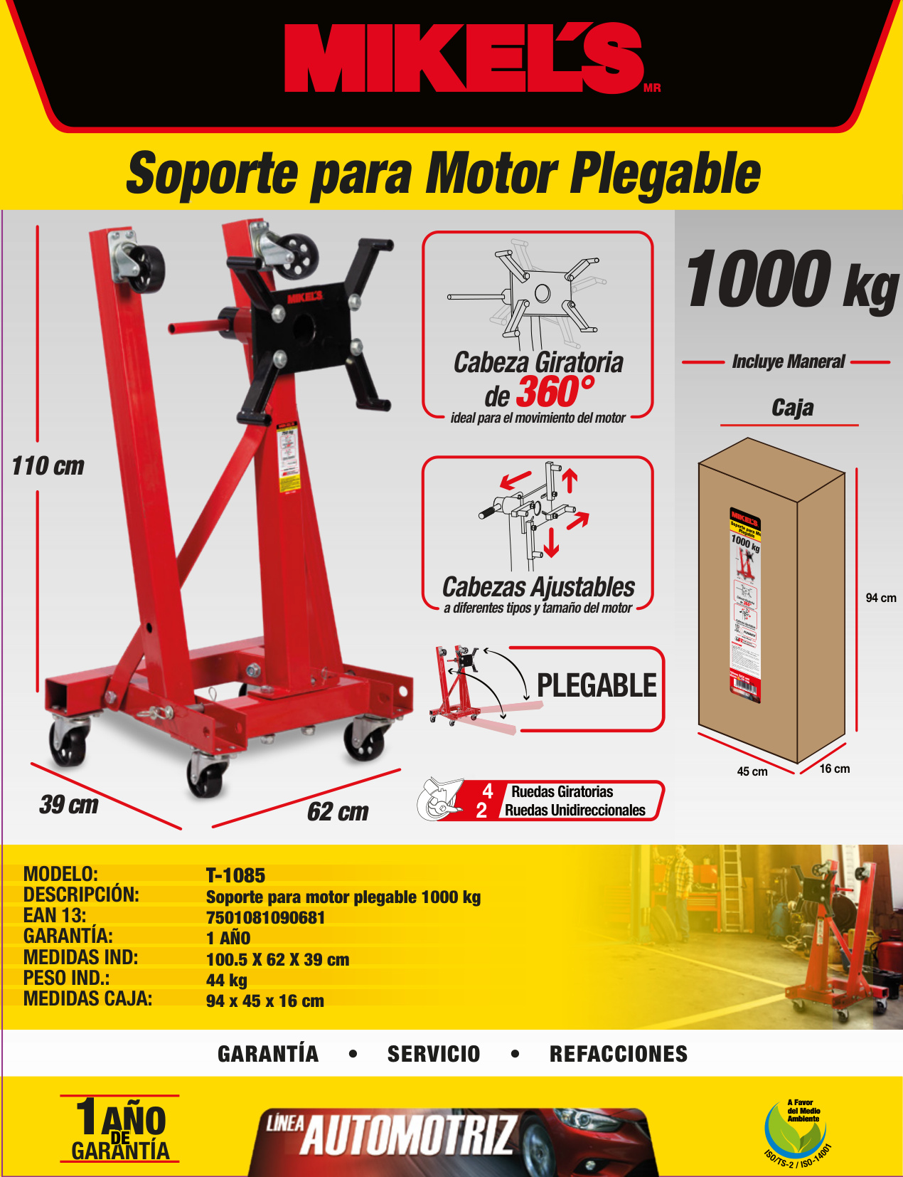 MIKELS T-1085 Soporte para motor (1,000 kgs) Plegable - Imagen 4
