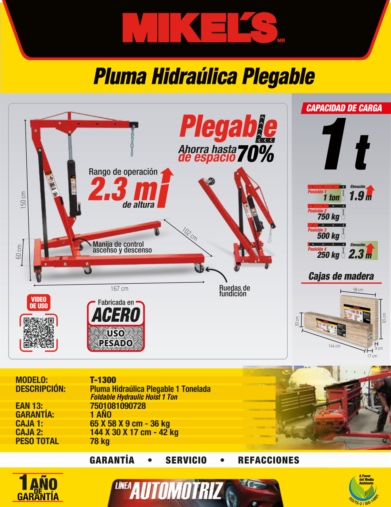 MIKELS T-1300 Pluma hidráulica para motor plegable (1 ton) - Imagen 4