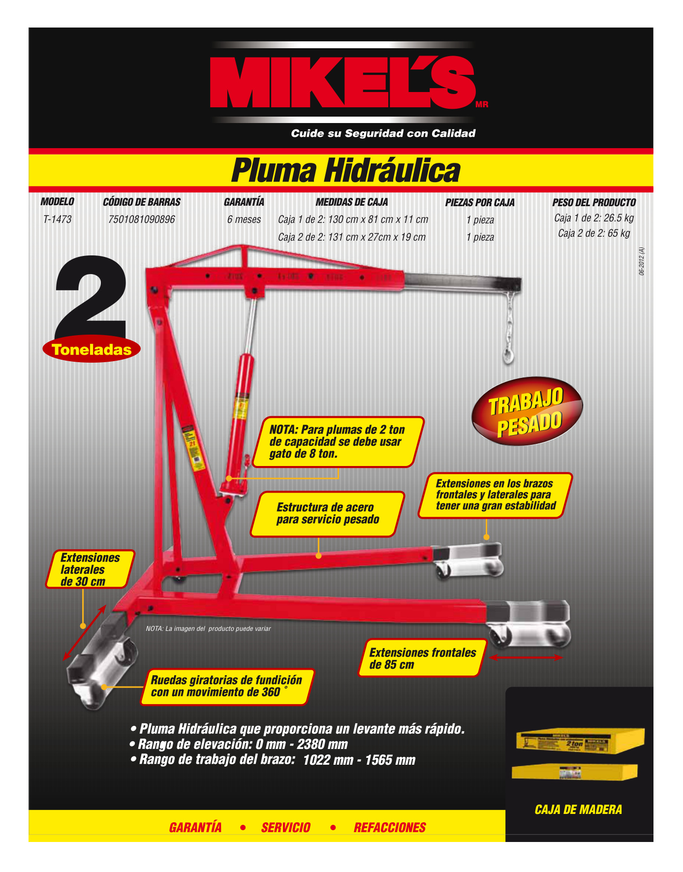 MIKELS T-1473 Pluma hidráulica para motor con extensiones (2 ton) - Imagen 4