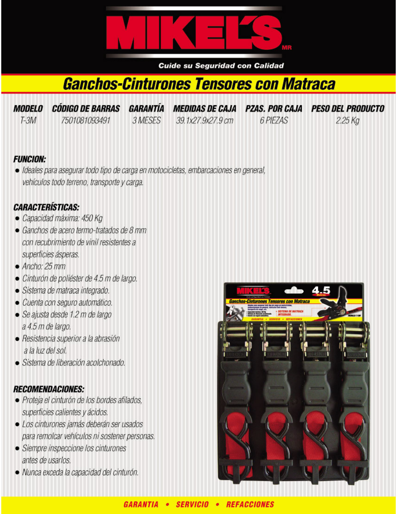 MIKELS T-3M Ganchos tensores con matraca 4 pzas (4.5 mts, 450 kgs) - Imagen 4