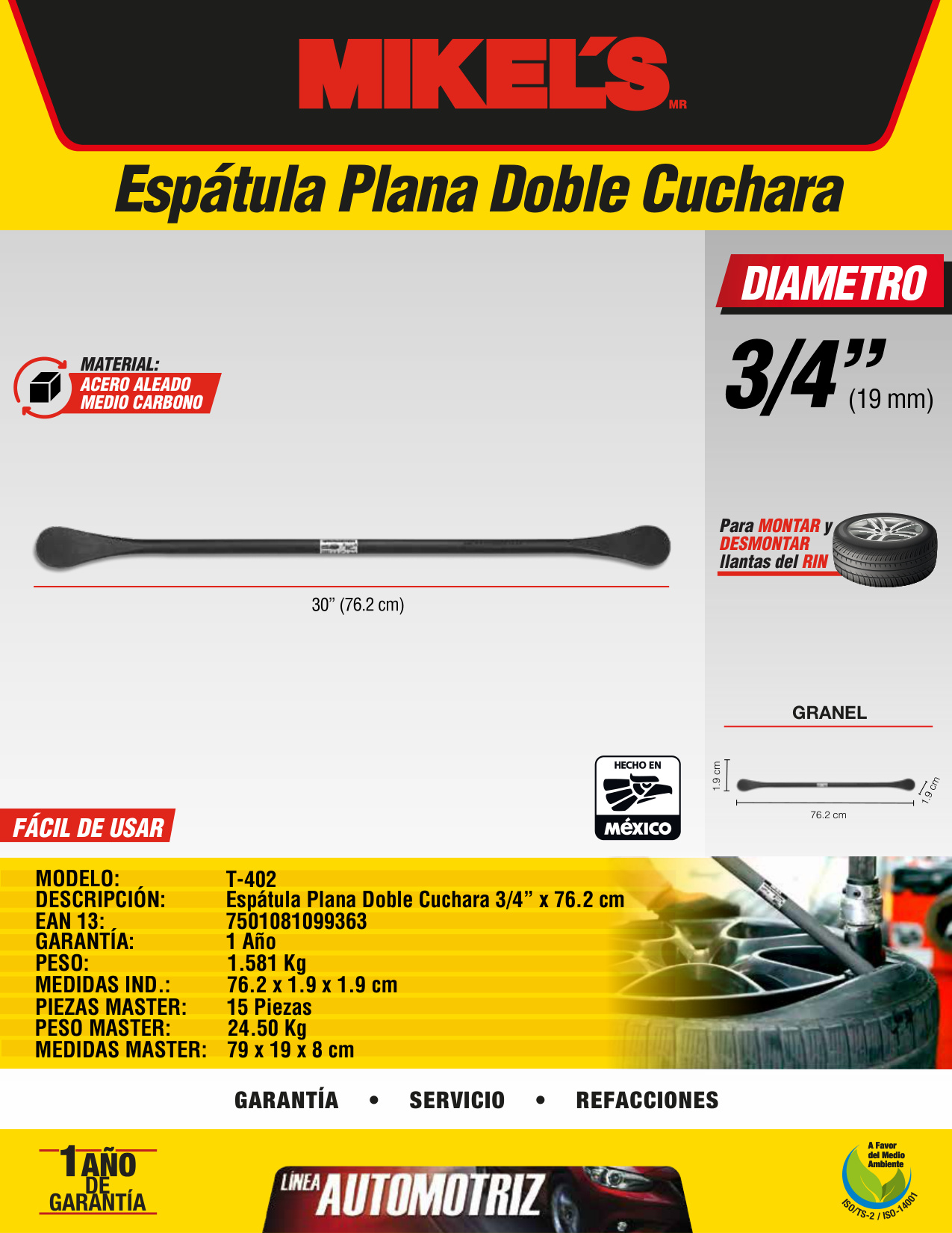 MIKELS T-402 Espátula puntas planas 28.5” (3/4” x 724 mm) - Imagen 4