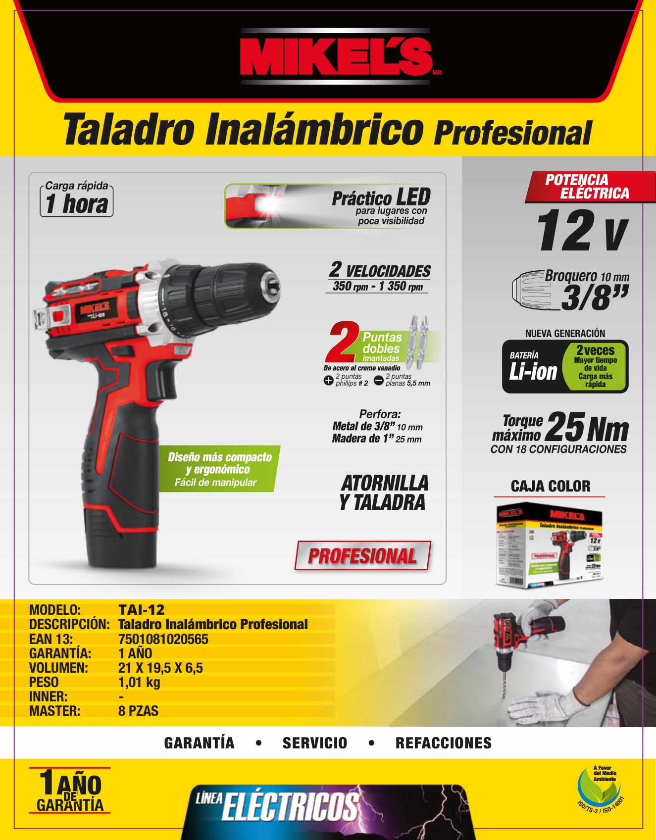 MIKELS TAI-12 Taladro-atornillador inalámbrico profesional (12 V) - Imagen 4